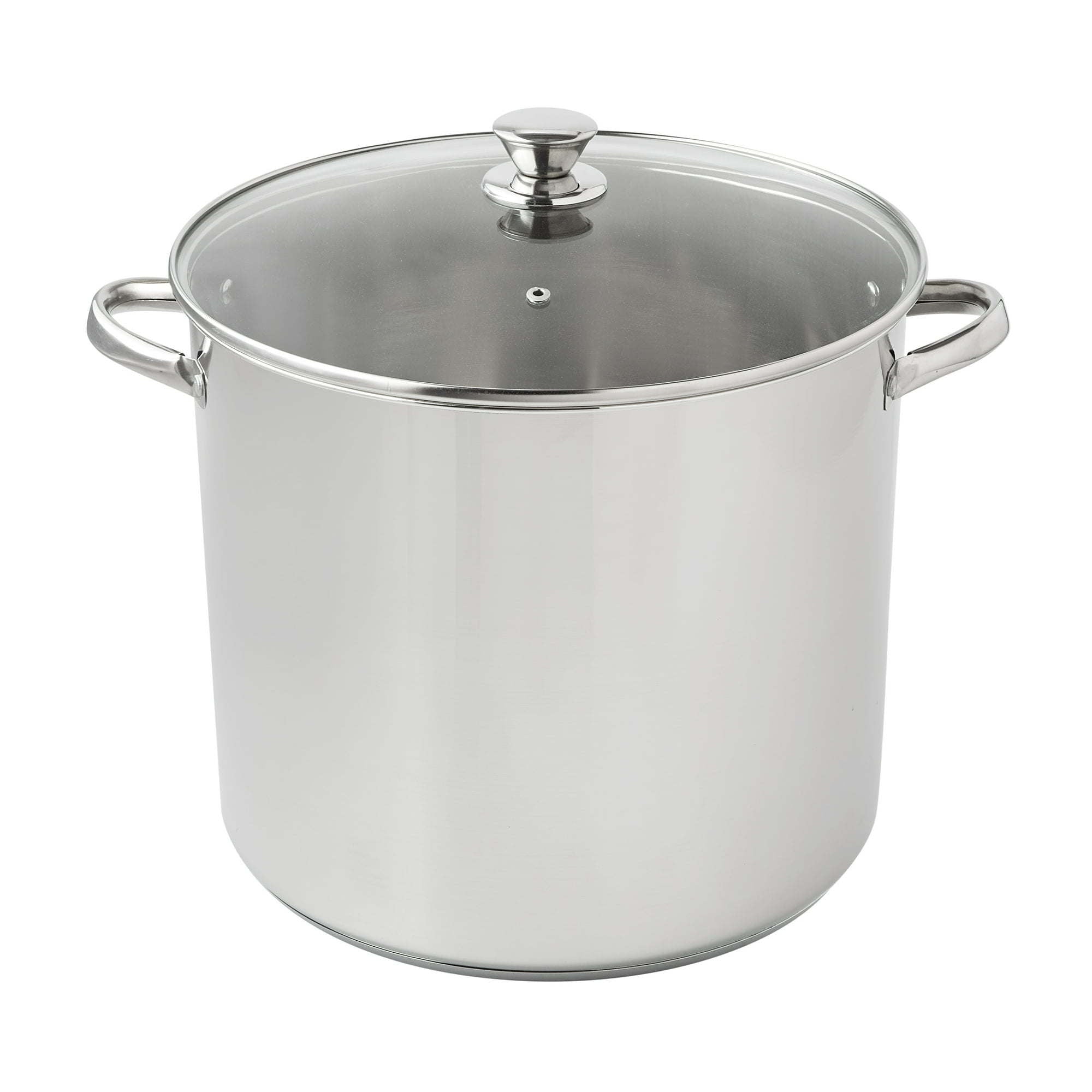 Stainless Steel 20-Quart Stock Pot with Glass Lid isolated on a white background.