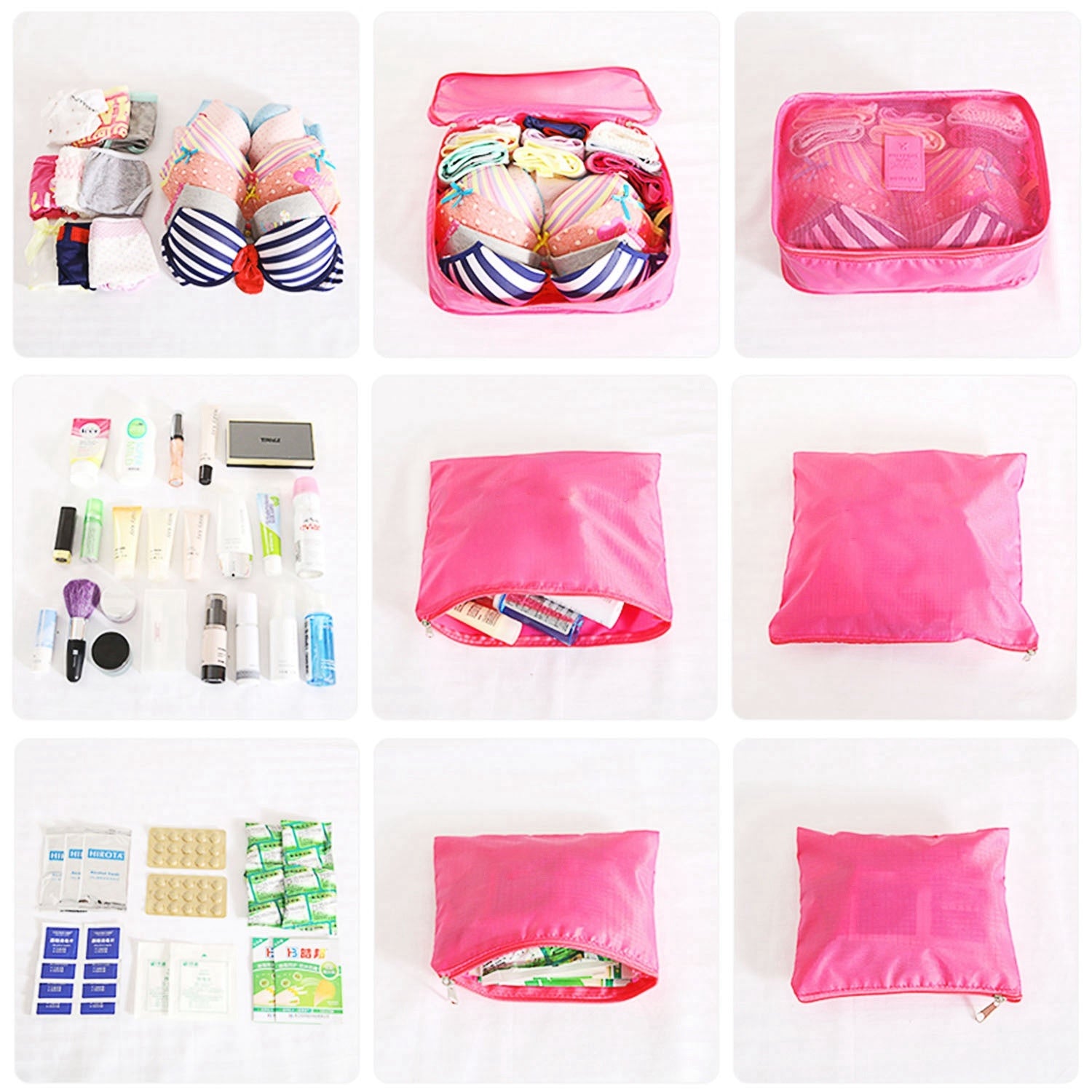 Set of four 9Pcs Clothes Storage Bags Water-Resistant Travel Luggage Organizer Clothing Packing Cubes of varying sizes with clothing items, displayed next to a folded floral blouse, all on a white background.