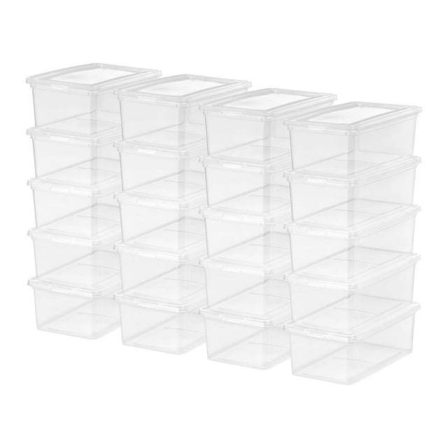 5 Qt. (1.25 gal.) Small Stackable Plastic Closet Storage Boxes filled with various items like toys, clothes, and office supplies.