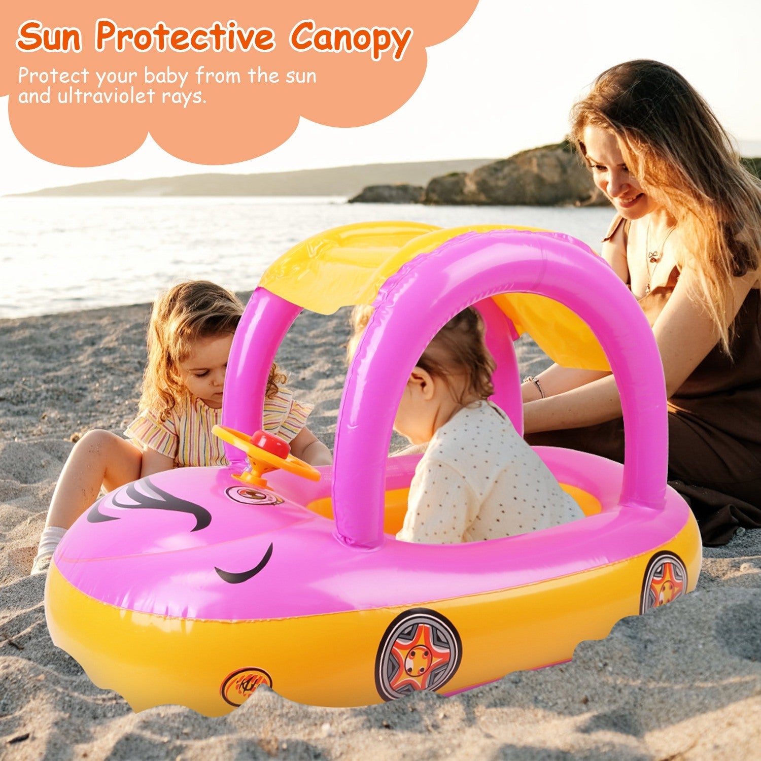 A young child smiles while sitting in a colorful Baby Inflatable Pool Float Car Shaped Toddler Swimming Float Boat Pool Toy Infant Swim Ring Pool with Sun Protection Canopy for 1-3 Year-Old Kids Infant Toddlers in a swimming pool.