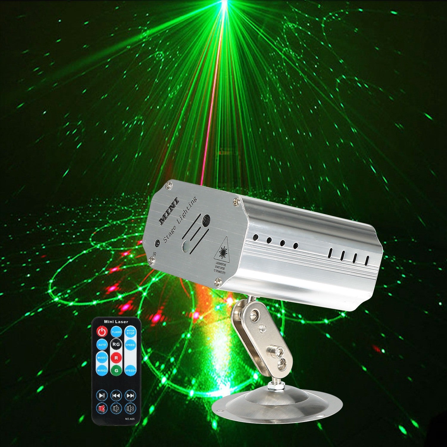 Sound Activated LED Projector Laser Patterns Laser Party Lights Disco Bar Music Strobe Lights on a pivoting mount with remote control, isolated on a white background.