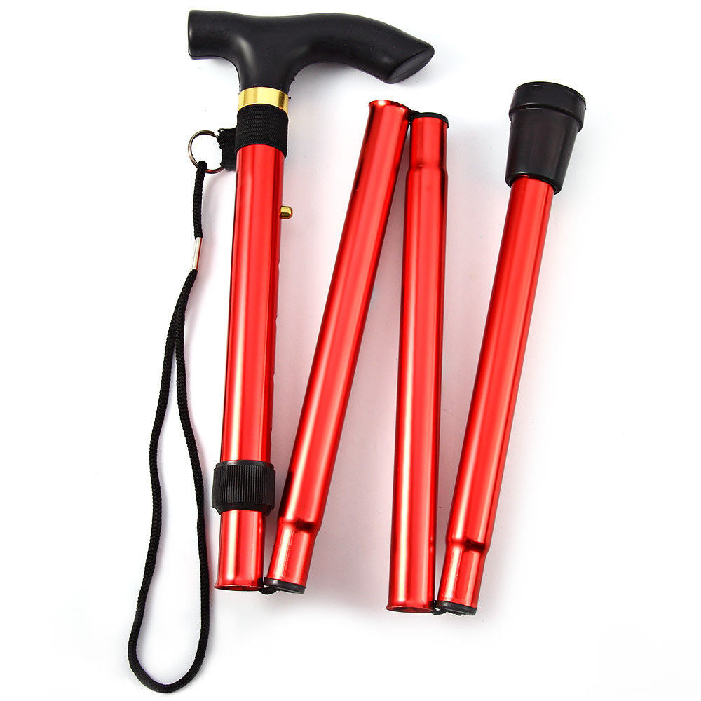 Red Walking Cane Aluminum Alloy Walking Stick Adjustable Folding Travel Hiking Stick extended and folded, isolated on a white background.