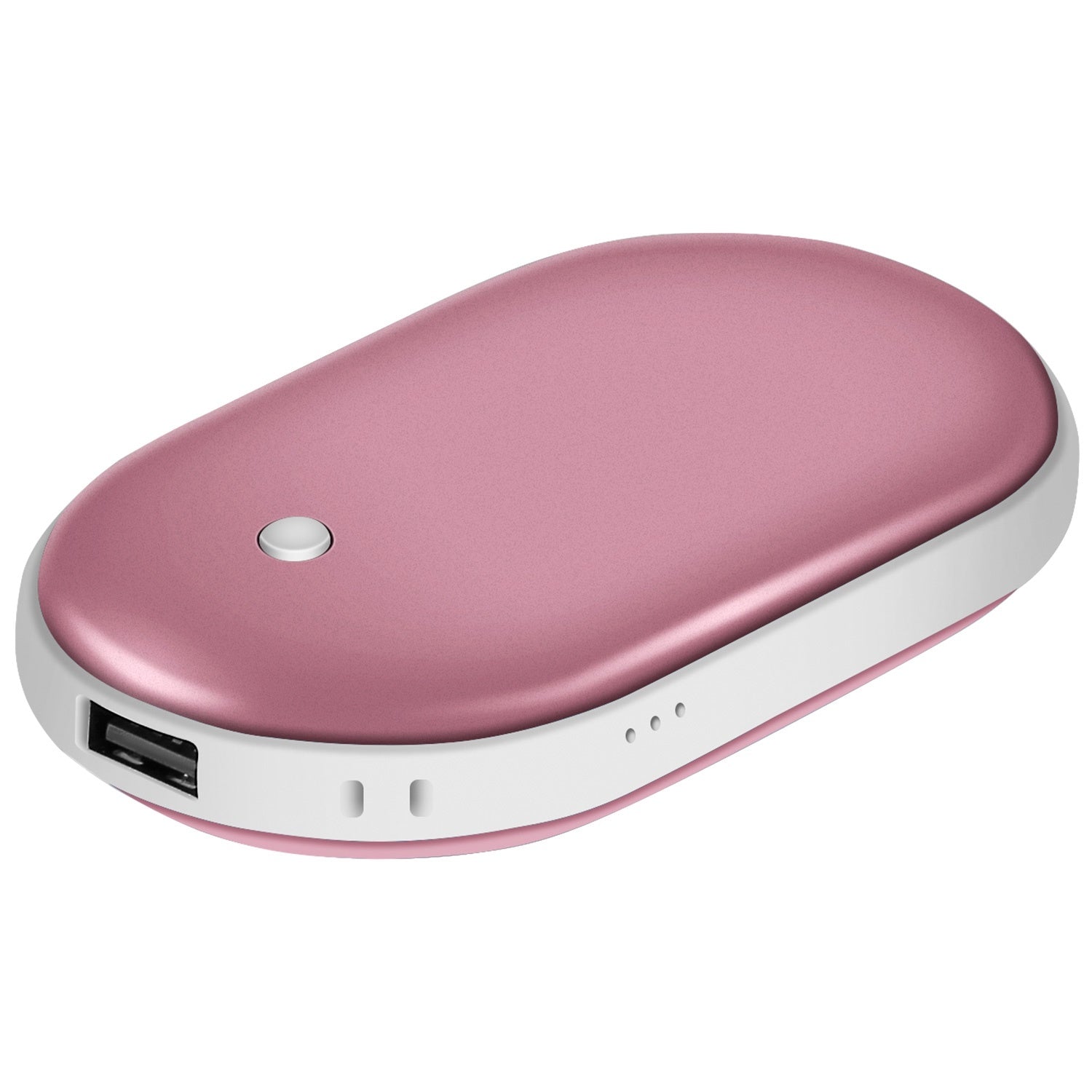 Silver Portable Hand Warmer 5000mAh Power Bank Rechargeable Pocket Warmer Double-Sided Heating Hand Warmer with a round power button, LED indicators, and a USB port on a white background.