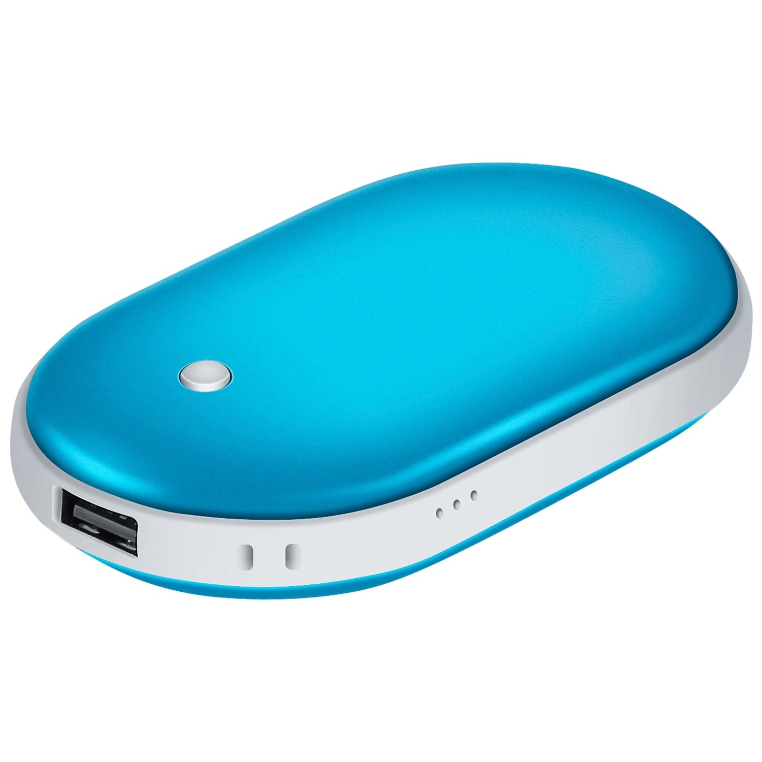 Silver Portable Hand Warmer 5000mAh Power Bank Rechargeable Pocket Warmer Double-Sided Heating Hand Warmer with a round power button, LED indicators, and a USB port on a white background.