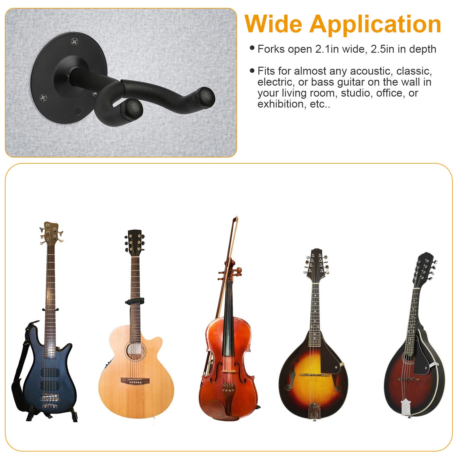 A black Wall Mount Guitar Hanger Padded Steel Guitar Bracket Holder Hook Rack, shown in use holding a guitar, and emphasizing features like guitar protection and durability.