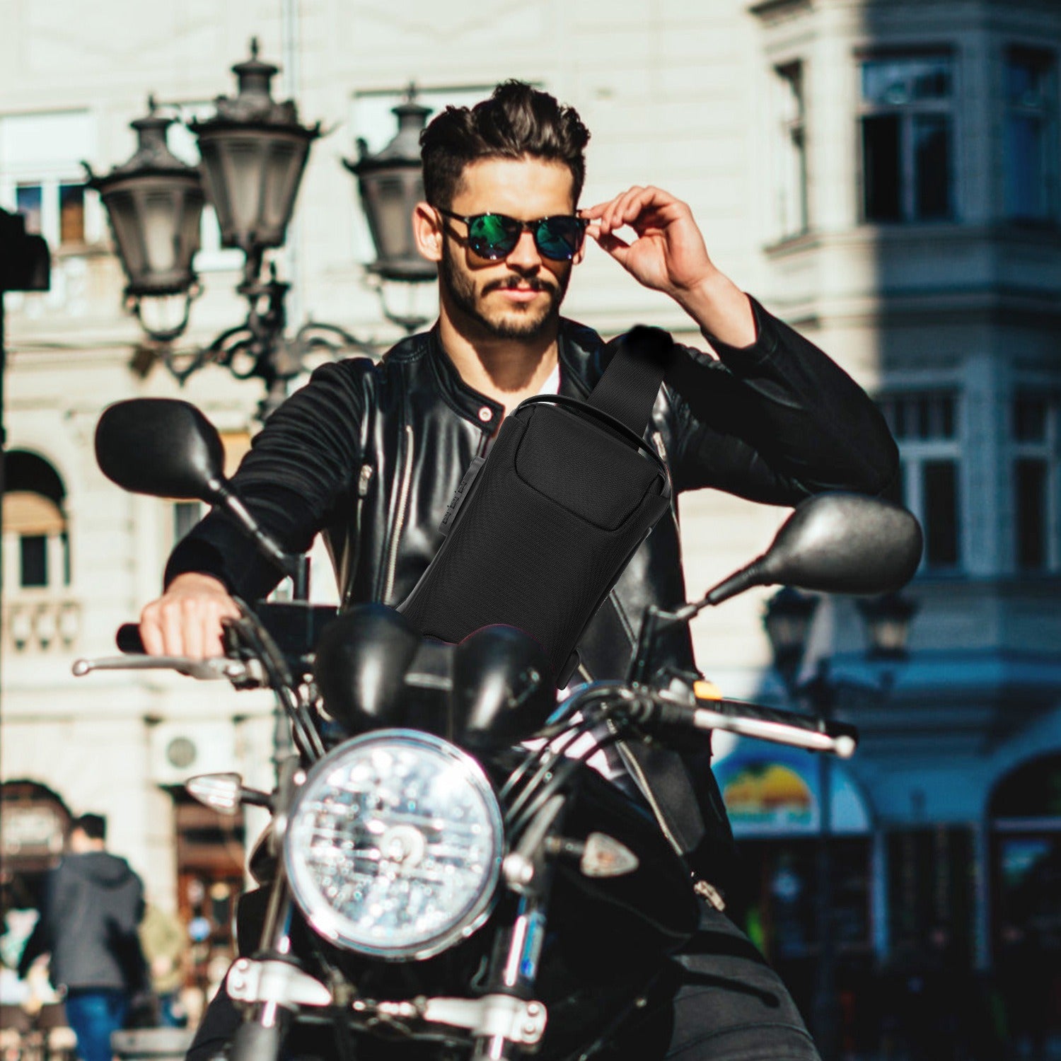 A Men's Sling Backpack Waterproof Anti-theft Shoulder Crossbody Chest Bag Messenger Sling Bag Daypack with USB Charging Port, featuring a smooth outer surface and an adjustable shoulder strap, isolated on a white background.