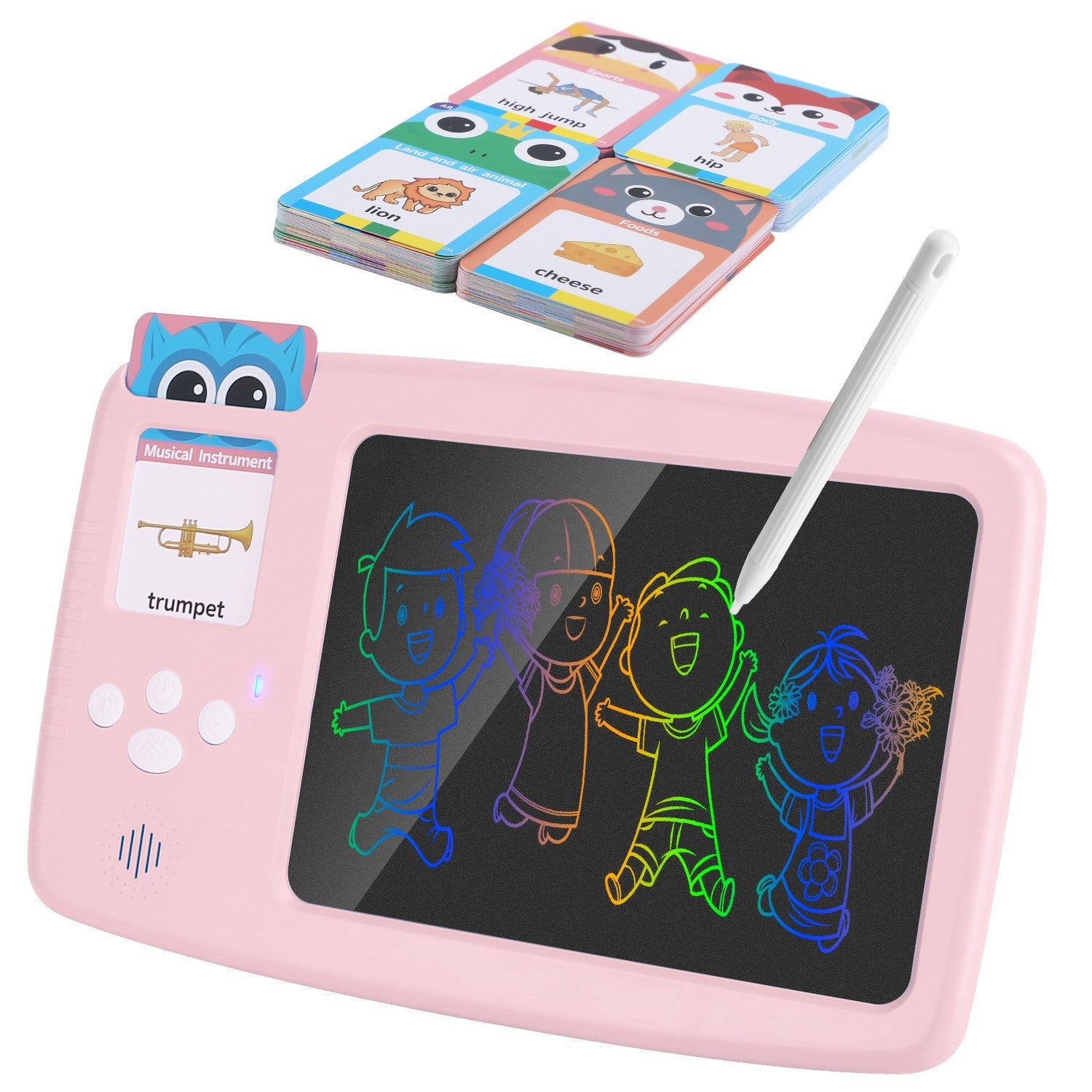 A 224 Words Toddler Learning Toy Talking Flash Cards with LCD Writing Tablet Preschool Educational Reading Drawing Machine Autism Sensory Toy 3+ Years Old Children with stylus and cartoon drawings illuminated in a rainbow of colors, accompanied by music-themed flashcards, is an ideal early education machine.