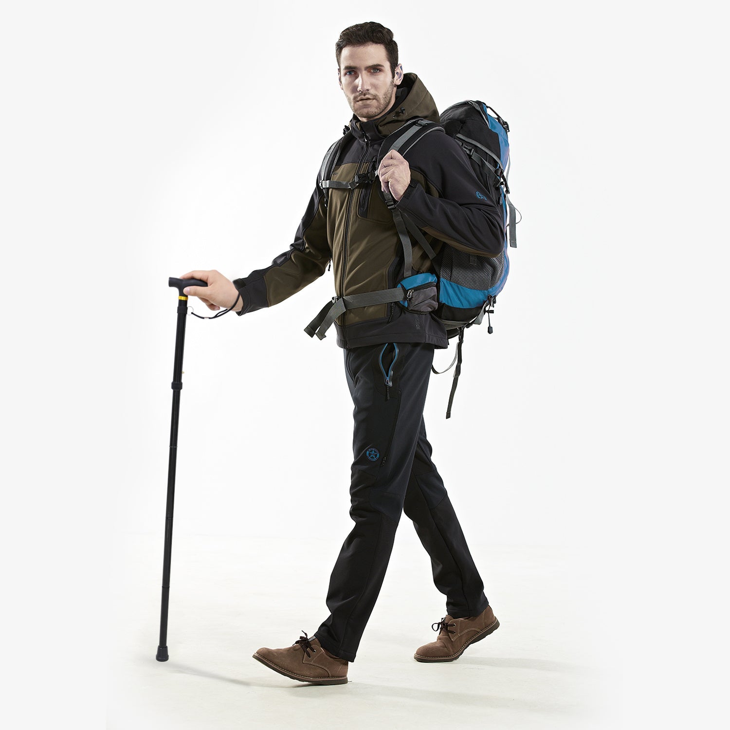 Red Walking Cane Aluminum Alloy Walking Stick Adjustable Folding Travel Hiking Stick extended and folded, isolated on a white background.