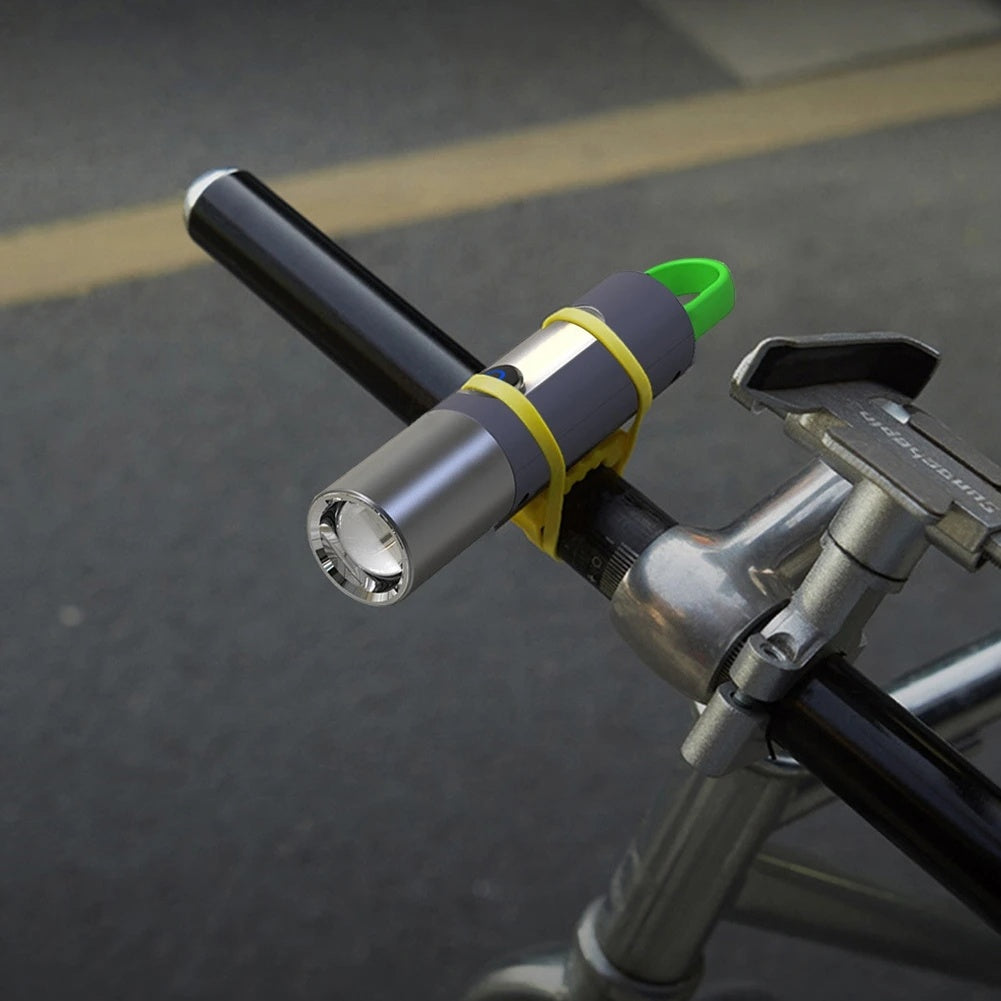 Two modern portable Flash Flashlights with built-in radios and USB fast direct charging ports, one displayed open to show the radio, both emitting light from their bases.