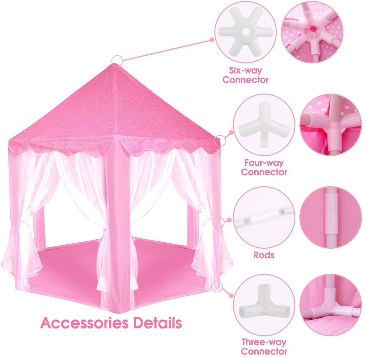 A pink Outdoor Indoor Portable Folding Princess Castle Tent Kids Children Funny Play Fairy House Kids Play Tent with its flap open, displaying several teddy bears inside, illuminated by string lights, with a star-shaped light visible at the top corner.