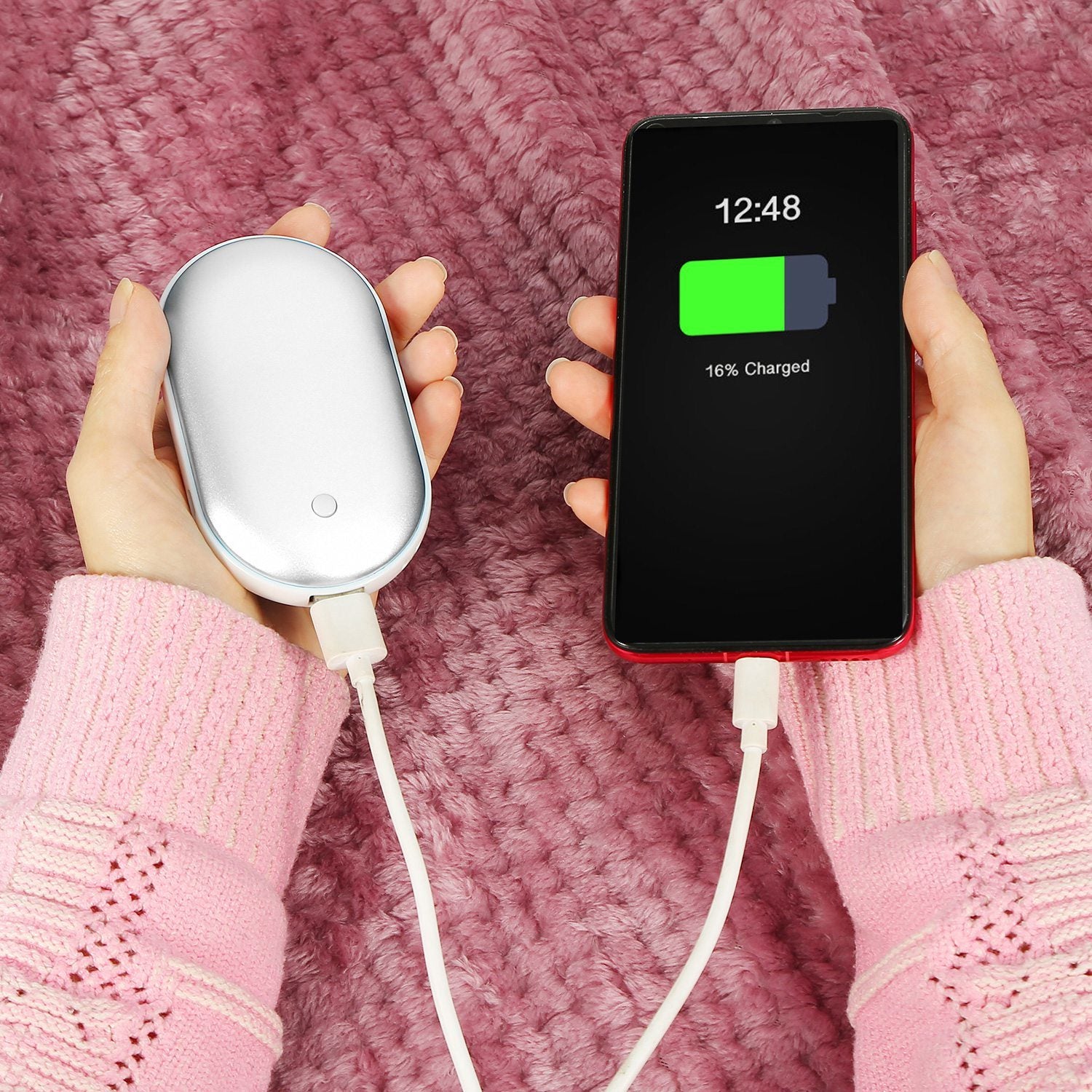 Silver Portable Hand Warmer 5000mAh Power Bank Rechargeable Pocket Warmer Double-Sided Heating Hand Warmer with a round power button, LED indicators, and a USB port on a white background.
