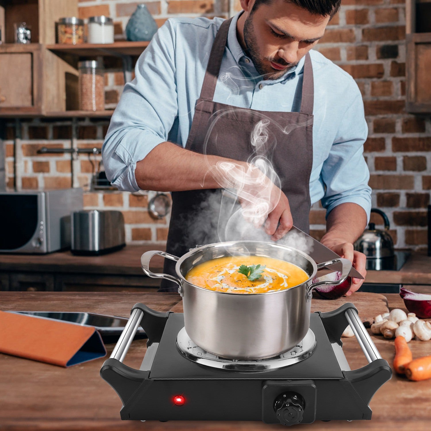 Sentence with Product Name: 1000W Electric Single Burner Portable Coil Heating Hot Plate Stove Countertop RV Hotplate with 5 Temperature Adjustments Portable Handles displayed with a man cooking on it in a kitchen setup.