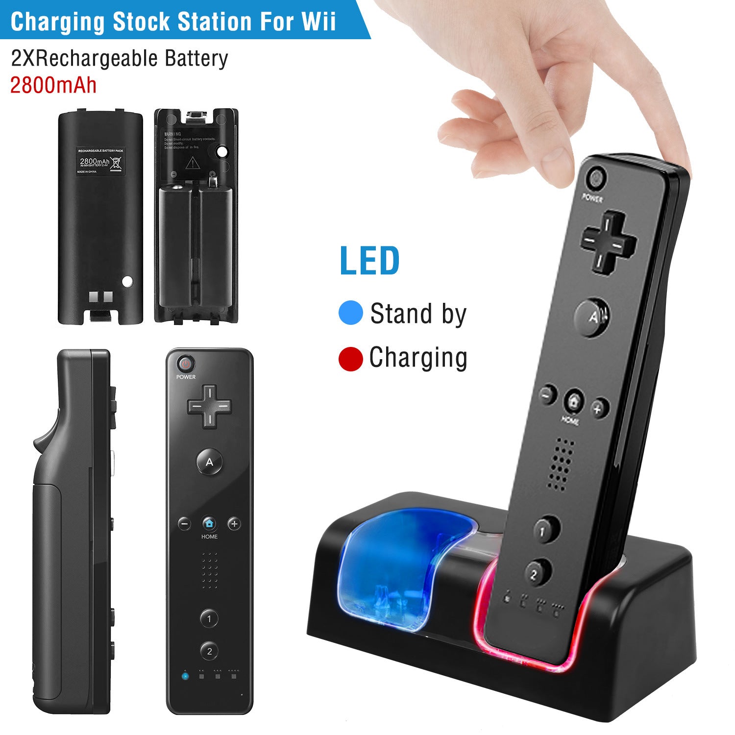 A For Wii Remote Controller Charger Dual Charge Dock with Two 2800mAh Rechargeable Batteries station for gaming controllers with rechargeable batteries, a USB cable, and safety feature icons displayed.