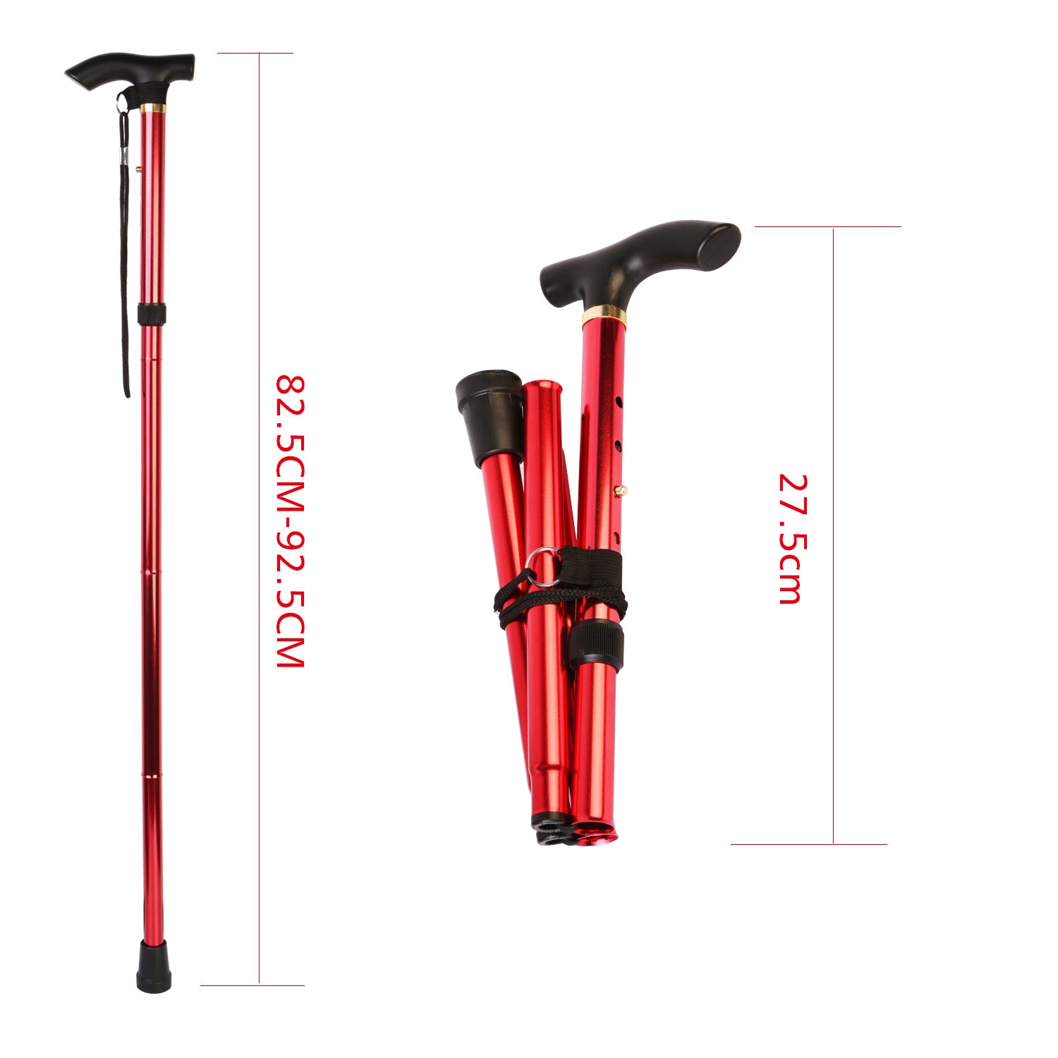 Red Walking Cane Aluminum Alloy Walking Stick Adjustable Folding Travel Hiking Stick extended and folded, isolated on a white background.
