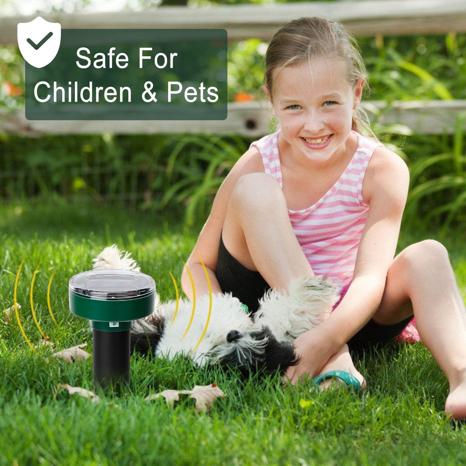 Four 4Pcs Solar Powered Mole Repeller Sonic Gopher Stakes inserted in the ground with icons emphasizing their features like waterproof protection and safety, beside a girl and a chicken in a grassy yard.