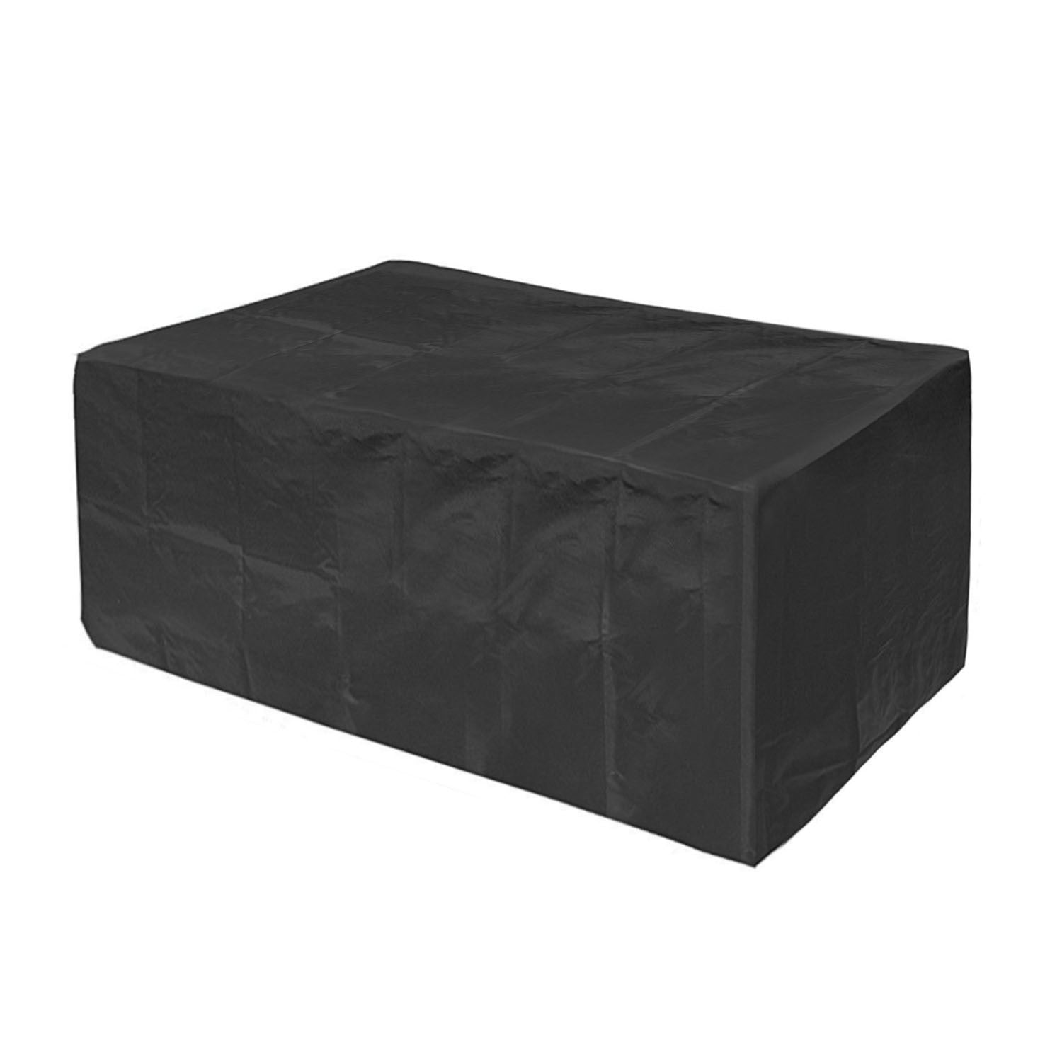 Large black 210D Waterproof Outdoor Furniture Cover made of Oxford cloth on a balcony, labeled as waterproof, anti-UV, windproof, and snow resistant, with an inset showing the cover in use and its storage bag.
