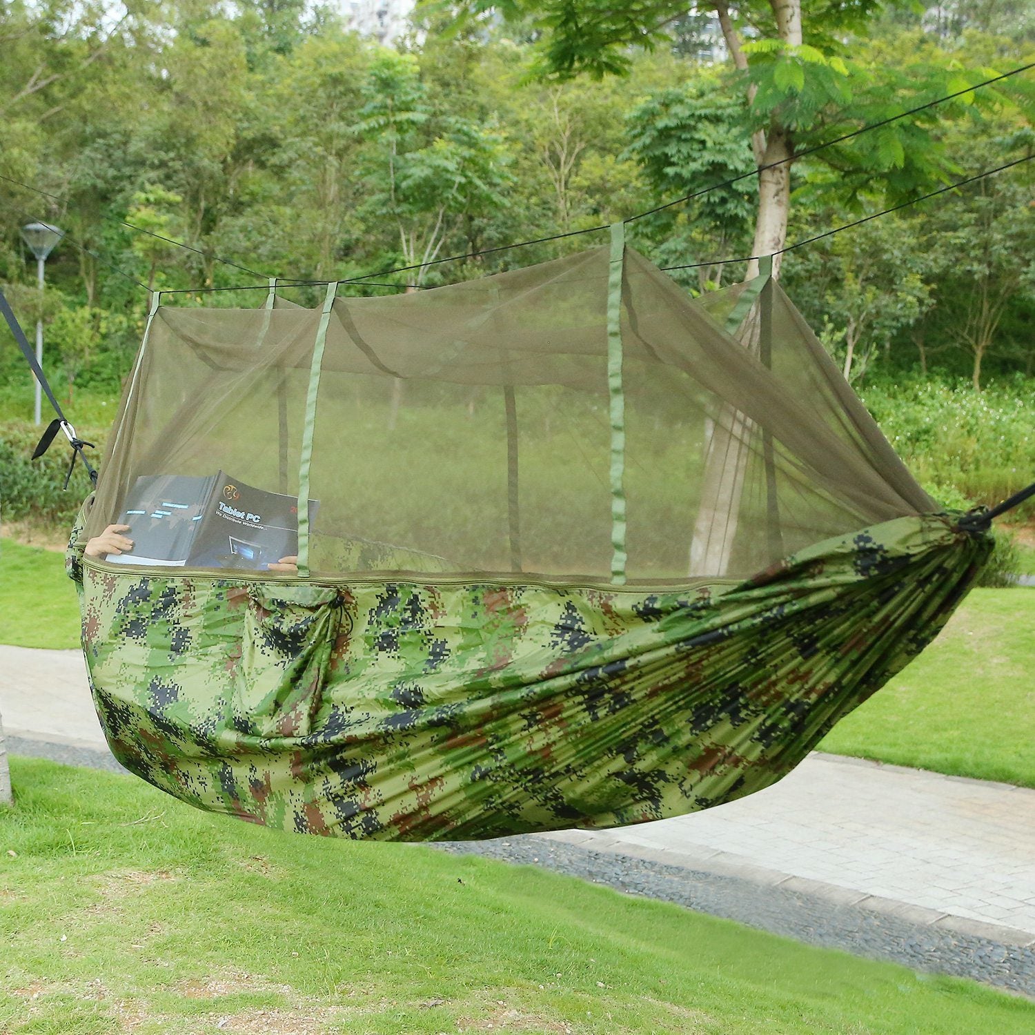600lbs Load 2 Persons Hammock with Mosquito Net Outdoor Hiking Camping Hommock Portable Nylon Swing Hanging Bed, suspended by ropes on a white background.