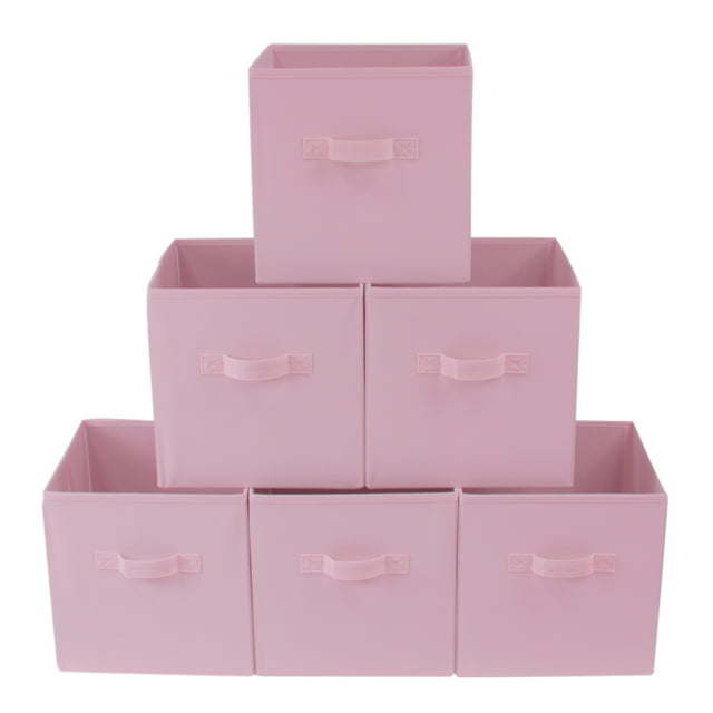 Five black Collapsible Cube Fabric Storage Bins (10.5" x 10.5"), 6 Pack with handles, stacked in a pyramid arrangement on a white background.