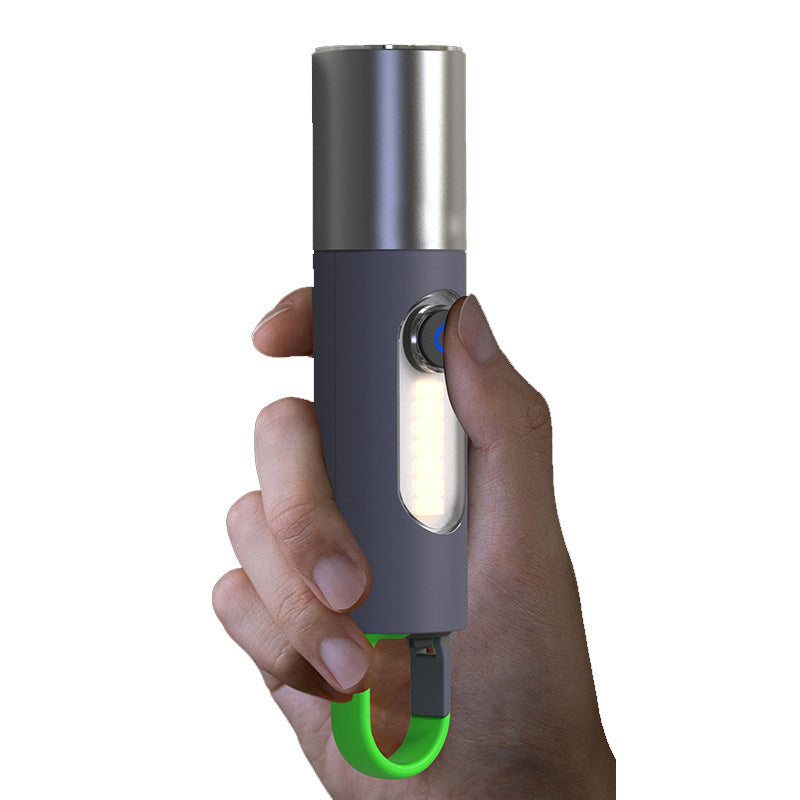 Two modern portable Flash Flashlights with built-in radios and USB fast direct charging ports, one displayed open to show the radio, both emitting light from their bases.