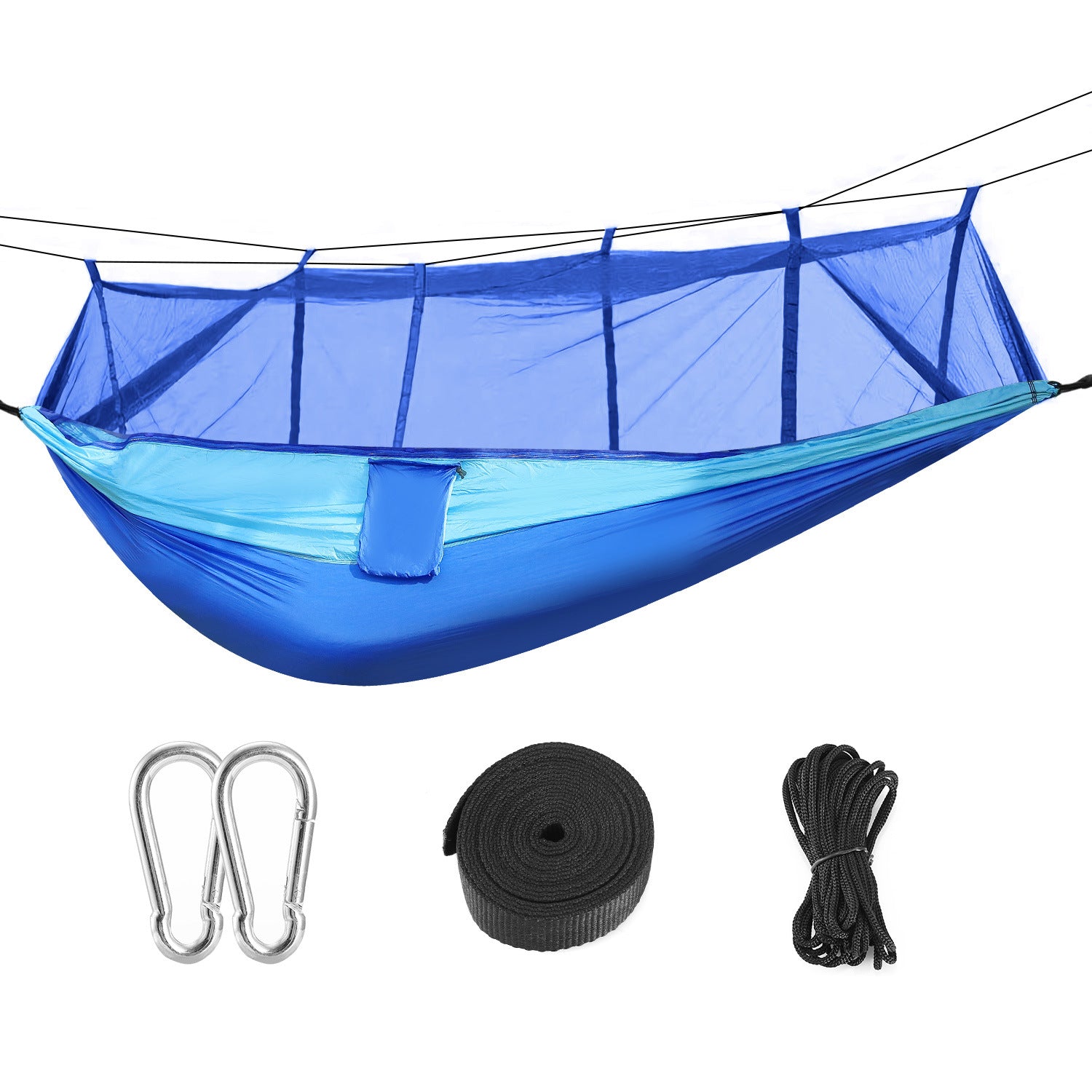 600lbs Load 2 Persons Hammock with Mosquito Net Outdoor Hiking Camping Hommock Portable Nylon Swing Hanging Bed, suspended by ropes on a white background.