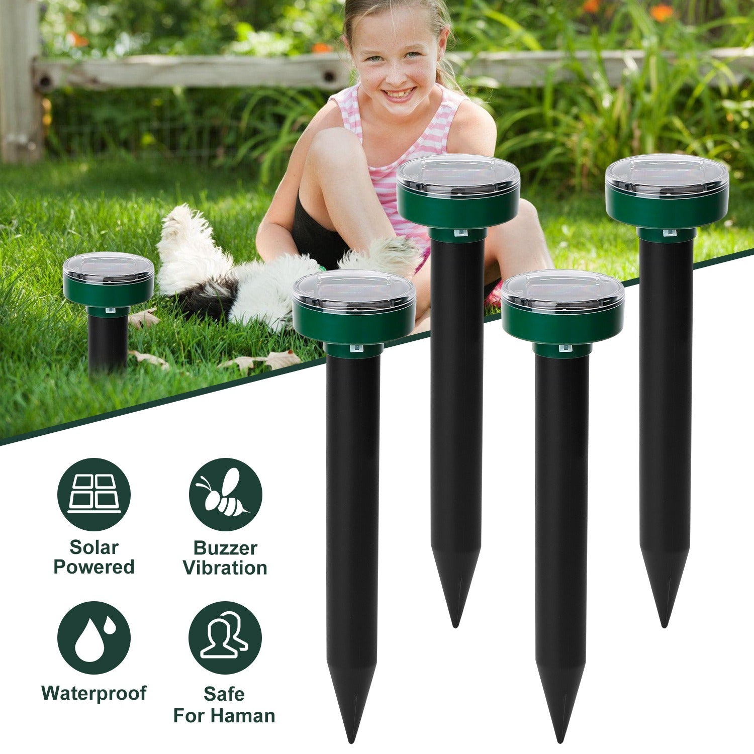 Four 4Pcs Solar Powered Mole Repeller Sonic Gopher Stakes inserted in the ground with icons emphasizing their features like waterproof protection and safety, beside a girl and a chicken in a grassy yard.