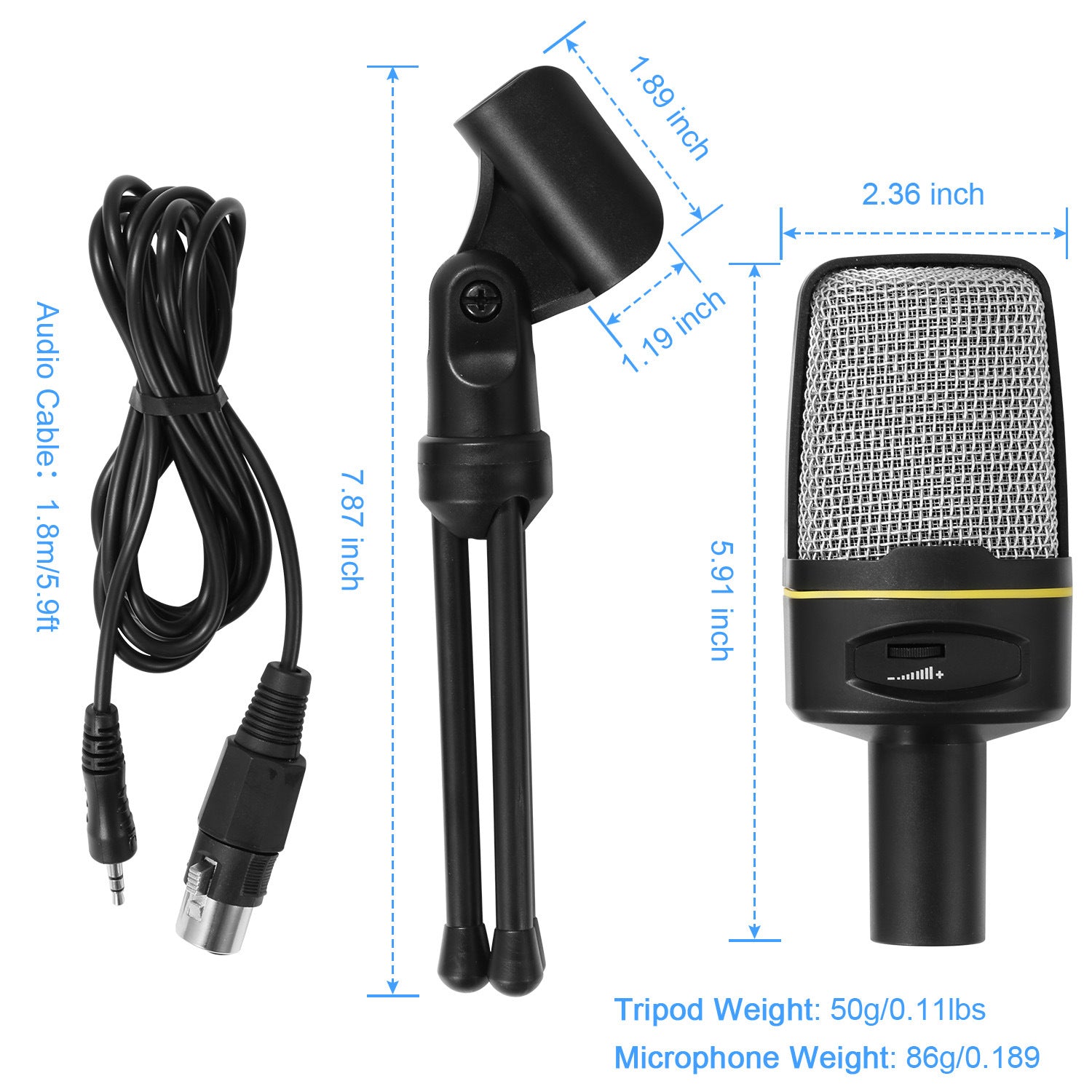 An Pro Condenser Microphone with Tripod Stand Audio Studio Recording Desktop Mic Flexible Mic on a small tripod stand, isolated on a white background.