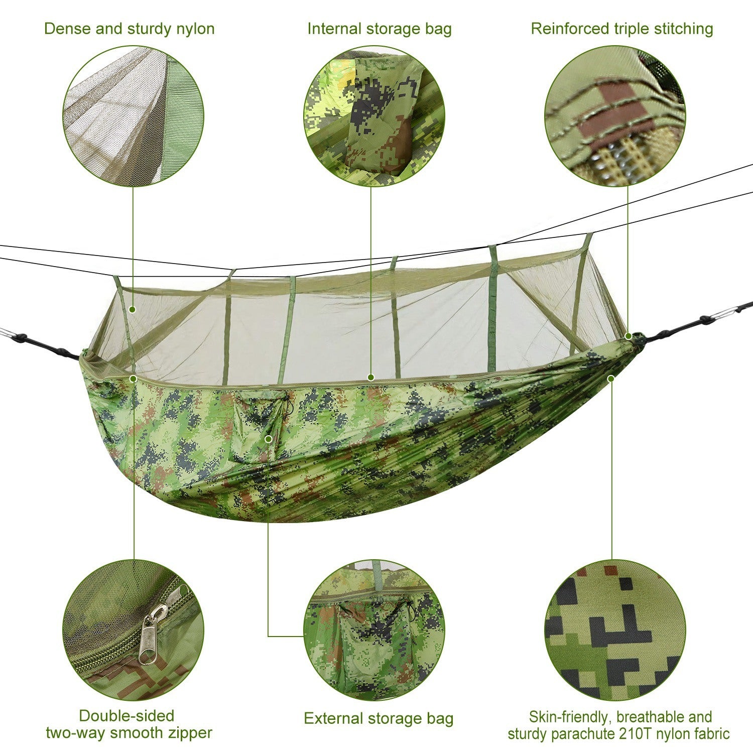 600lbs Load 2 Persons Hammock with Mosquito Net Outdoor Hiking Camping Hommock Portable Nylon Swing Hanging Bed, suspended by ropes on a white background.