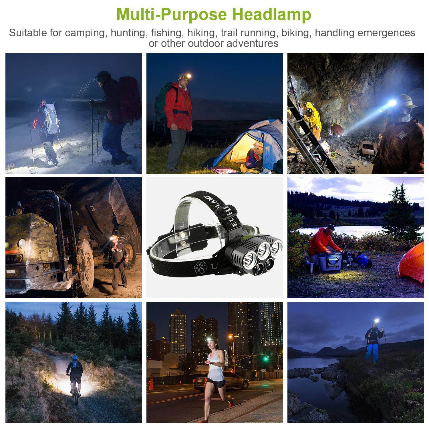 Rechargeable Headlamp 20000 Lumen LED Headlight 6 Modes Headlamp with adjustable straps, multiple lighting modes, and USB charging, displayed alongside batteries and icons highlighting its features. A background image shows a user wearing the headlamp outdoors.