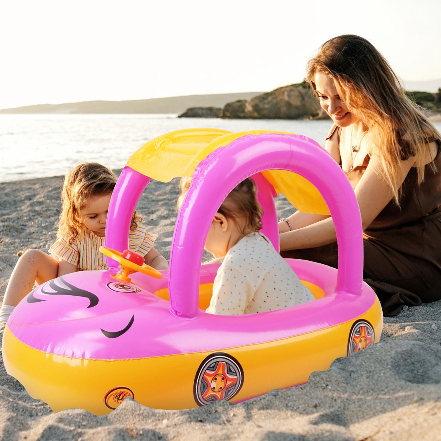 A young child smiles while sitting in a colorful Baby Inflatable Pool Float Car Shaped Toddler Swimming Float Boat Pool Toy Infant Swim Ring Pool with Sun Protection Canopy for 1-3 Year-Old Kids Infant Toddlers in a swimming pool.
