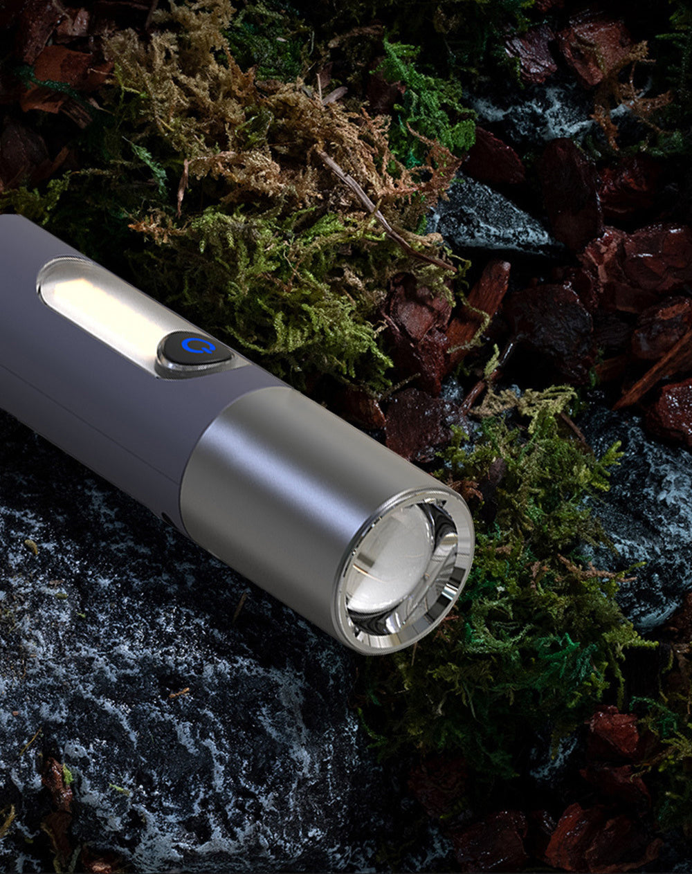 Two modern portable Flash Flashlights with built-in radios and USB fast direct charging ports, one displayed open to show the radio, both emitting light from their bases.