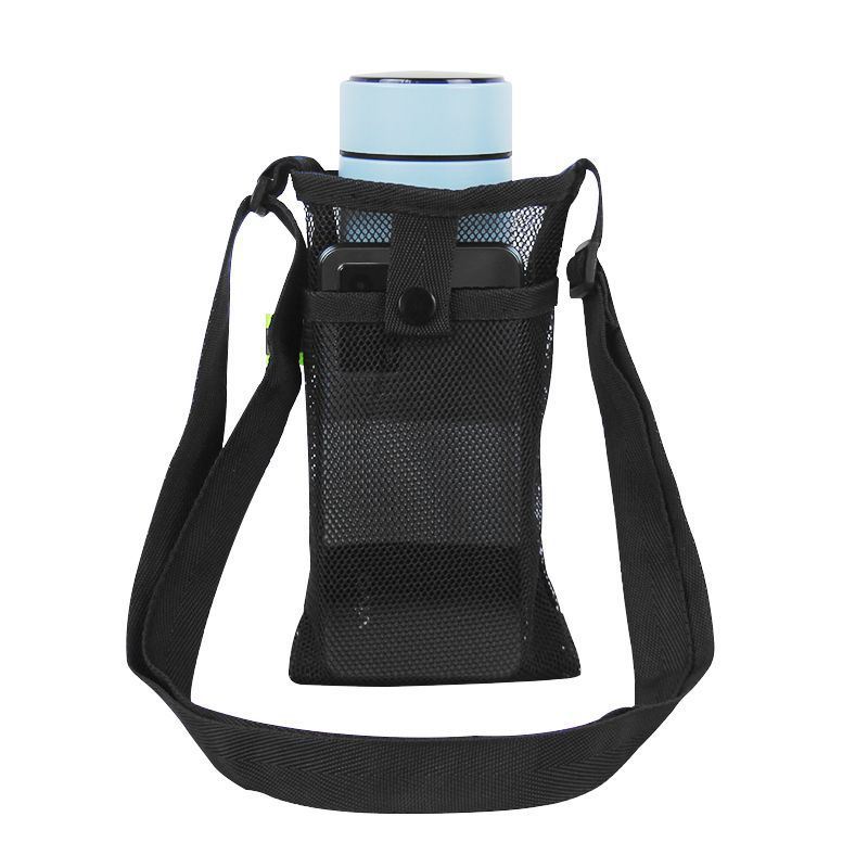 Black mesh Water and Phone bag with a shoulder strap and a blue water bottle partially visible at the top.