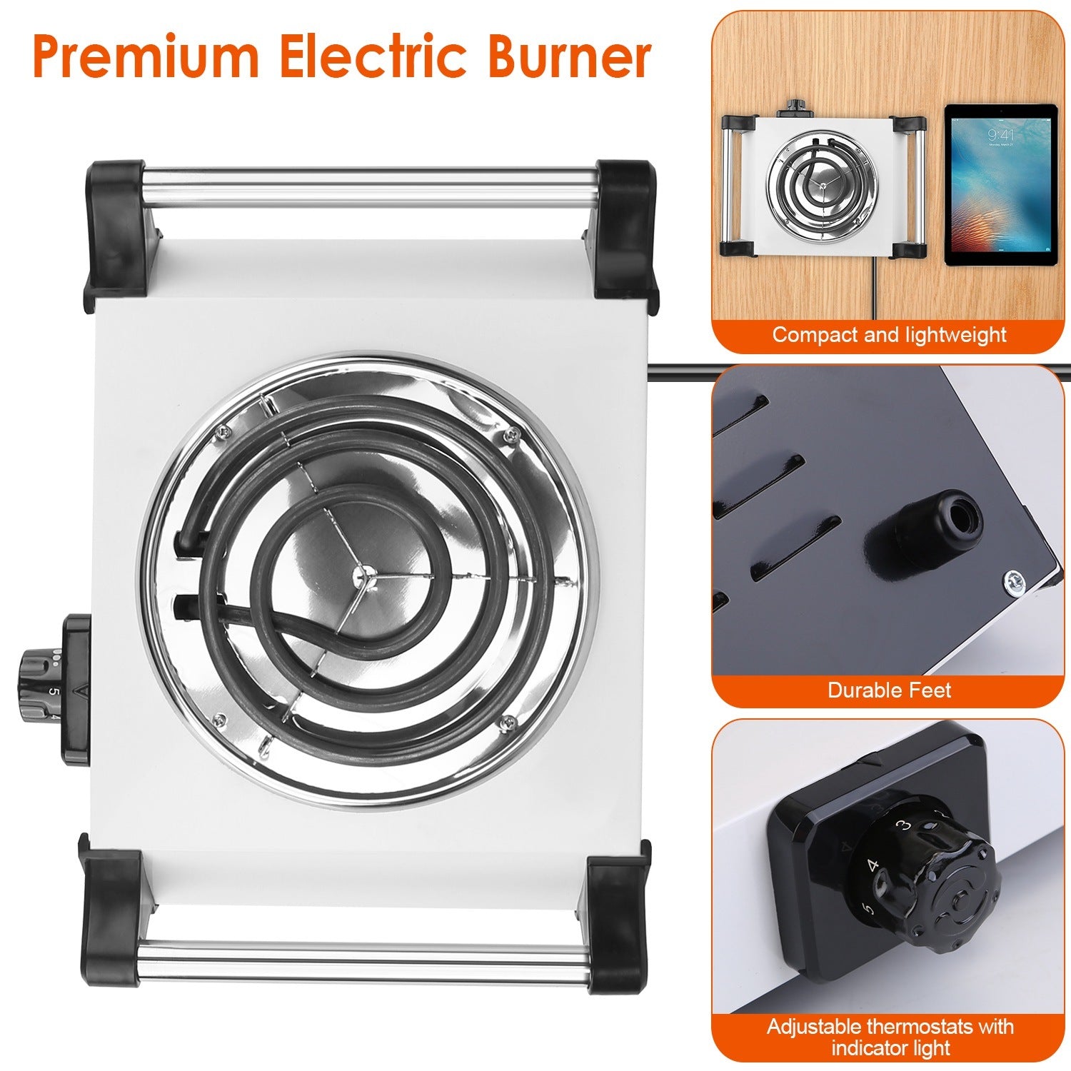 Sentence with Product Name: 1000W Electric Single Burner Portable Coil Heating Hot Plate Stove Countertop RV Hotplate with 5 Temperature Adjustments Portable Handles displayed with a man cooking on it in a kitchen setup.