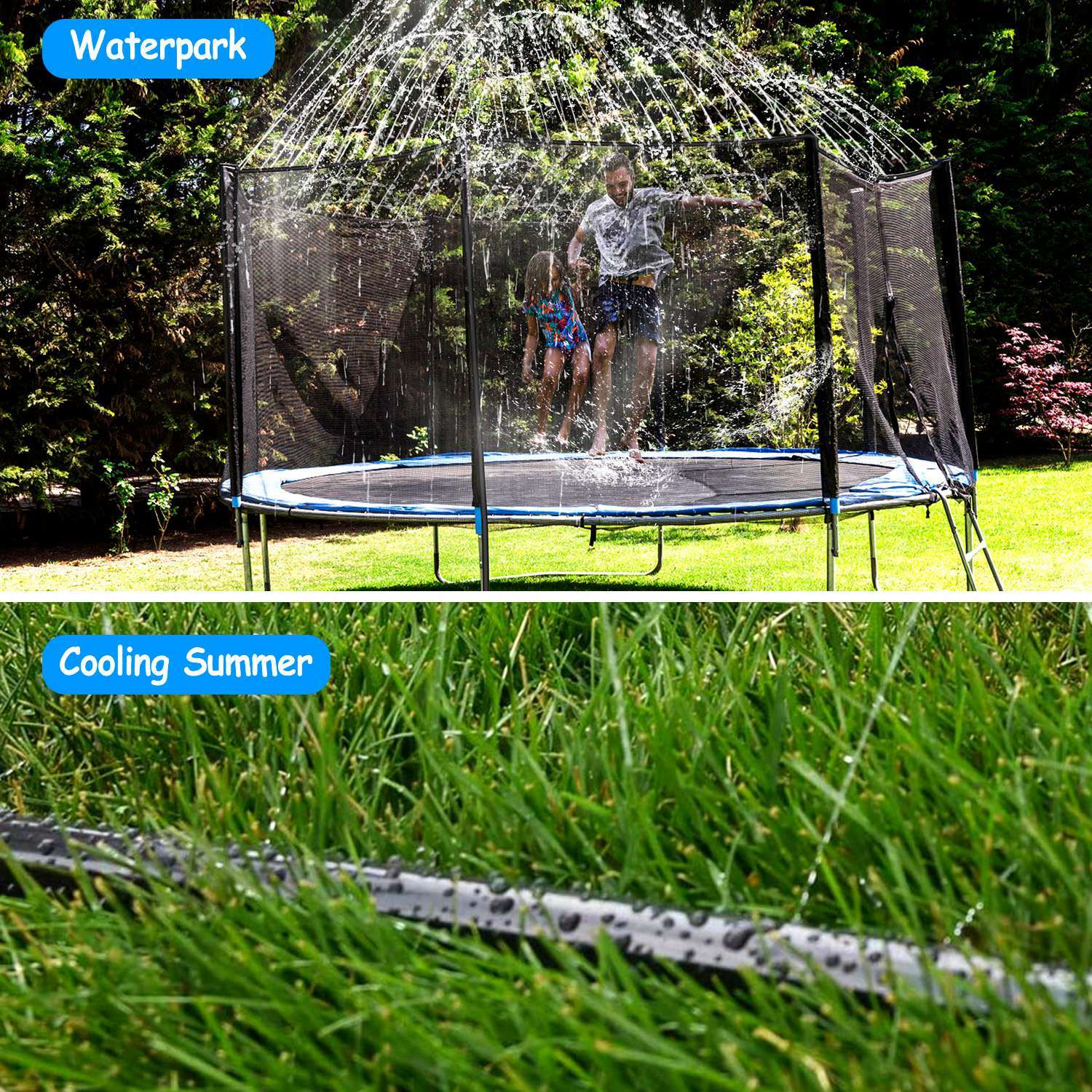 Children play on a Kids Trampoline Sprinkler under a Kids Trampoline Sprinkler, with a spray hose and attachments visible in the foreground.
