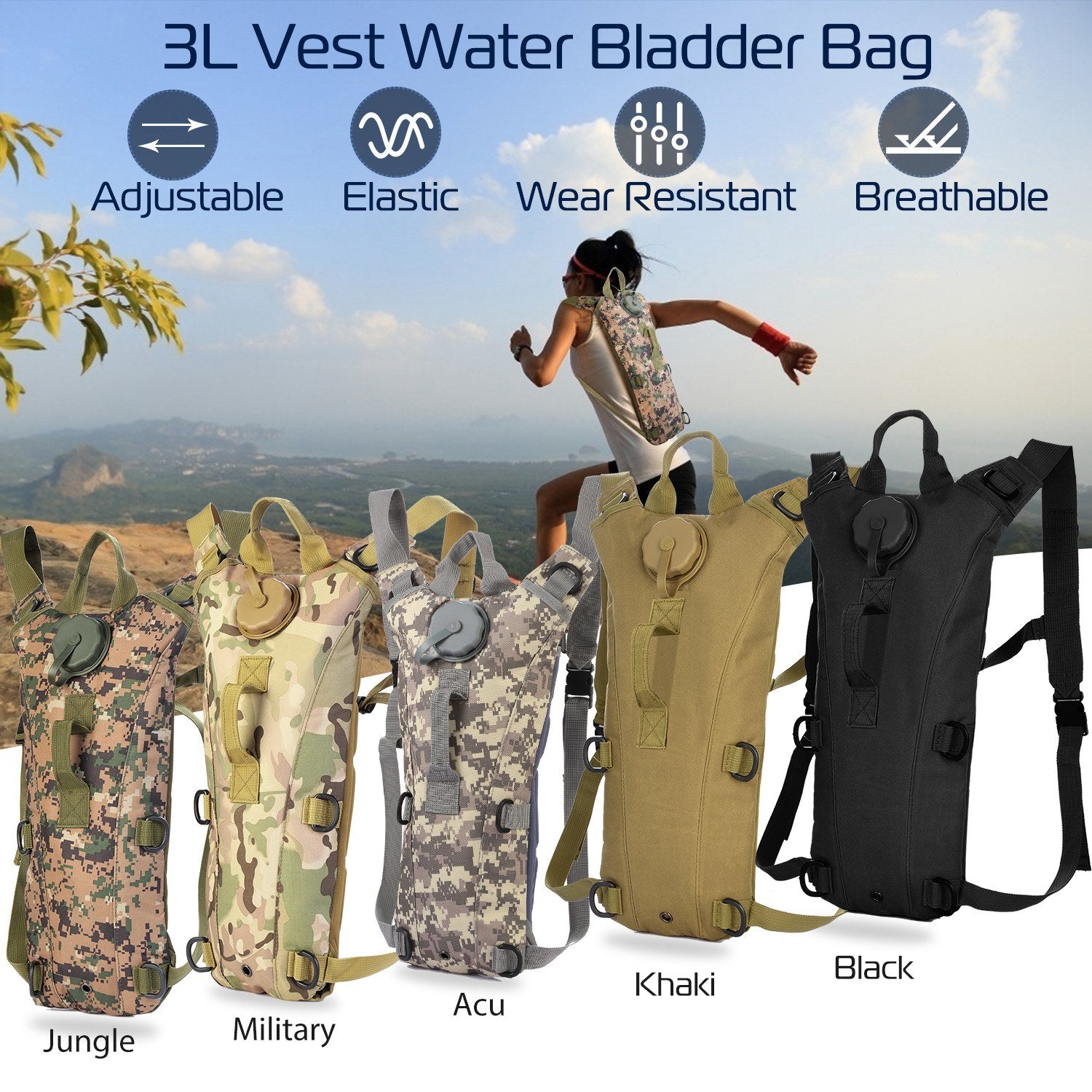 Tactical Hydration Pack suitable for running, cycling, and climbing. Includes water bladder, camo backpack, and icons indicating BPA-free material.
