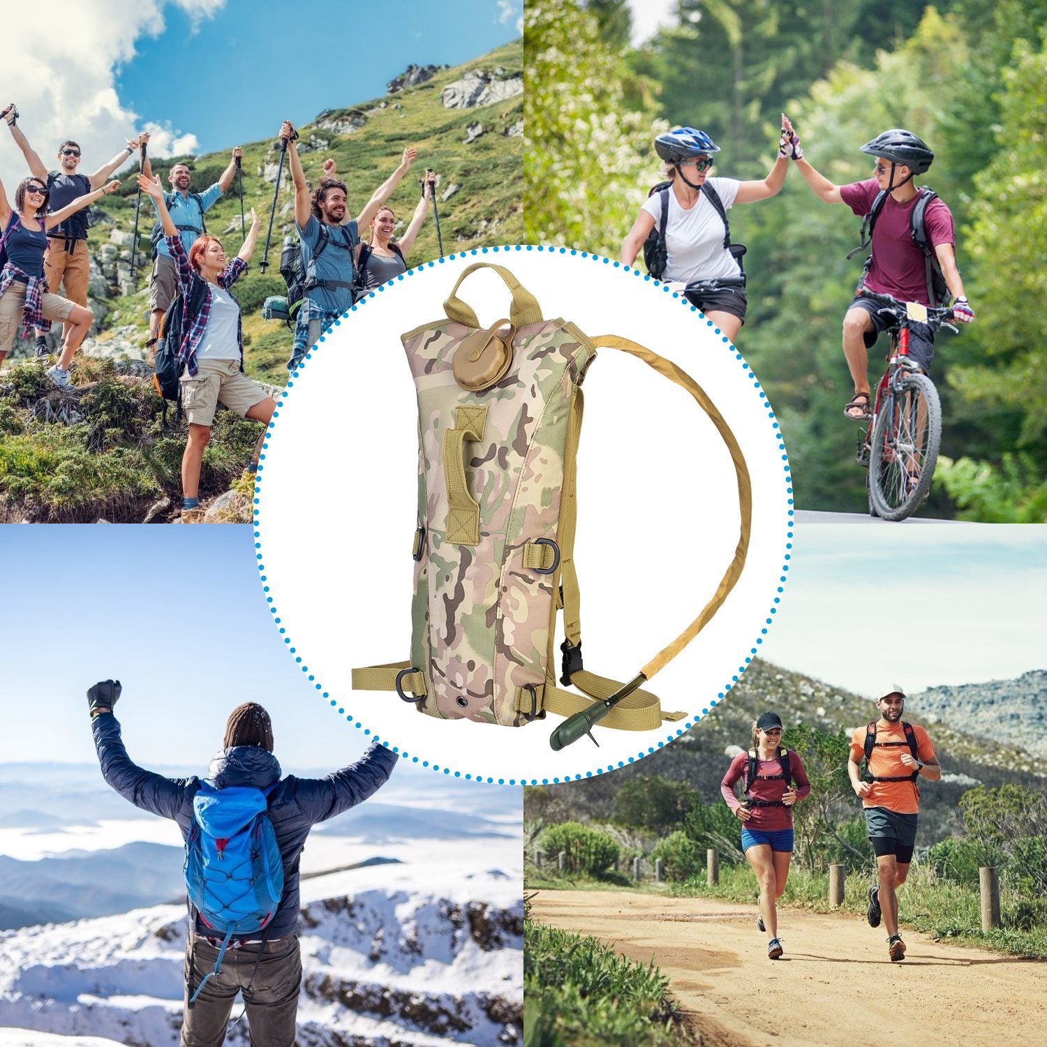Tactical Hydration Pack suitable for running, cycling, and climbing. Includes water bladder, camo backpack, and icons indicating BPA-free material.