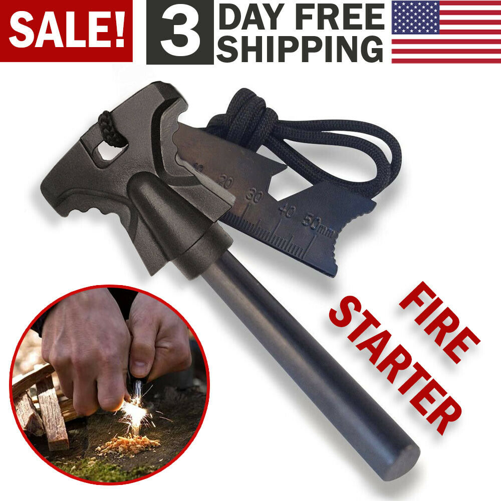 A multifunctional black emergency survival tool kit with a built-in Fire Starter Flint Steel Striker Ferro Rod Waterproof Firesteel Camping Lighter and ruler, displayed against a concrete background, with an inset image showing its fire-starting capability.