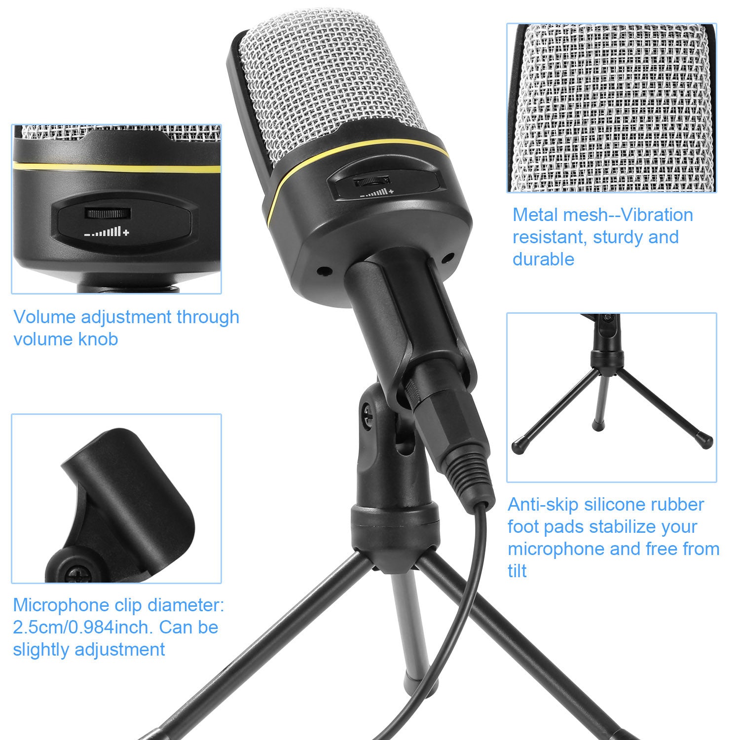An Pro Condenser Microphone with Tripod Stand Audio Studio Recording Desktop Mic Flexible Mic on a small tripod stand, isolated on a white background.