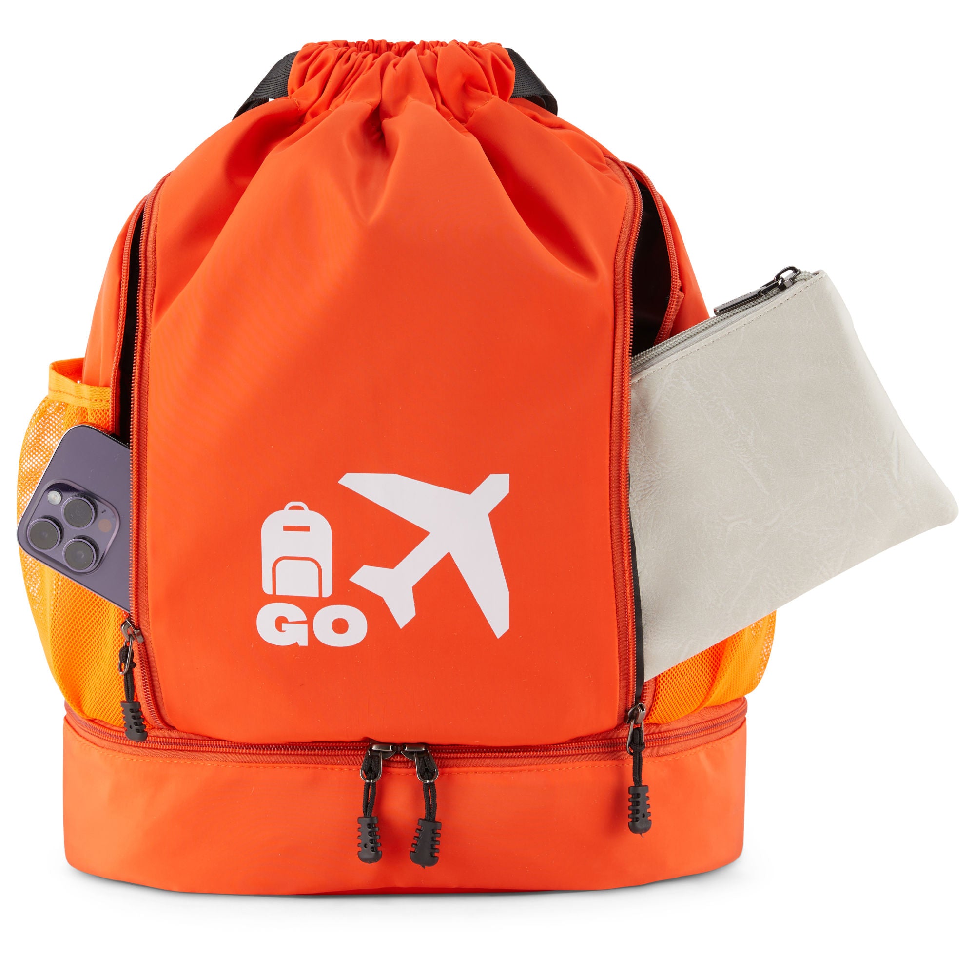 Clarissa GO Bag with a white airplane and suitcase icon, featuring an external pocket and a purple smartphone in a side holder.