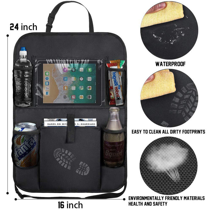 Two Backseat Car Organizers - 2PK, equipped with tablet holders and filled with items like bottles, snacks, and electronics, installed in a vehicle.