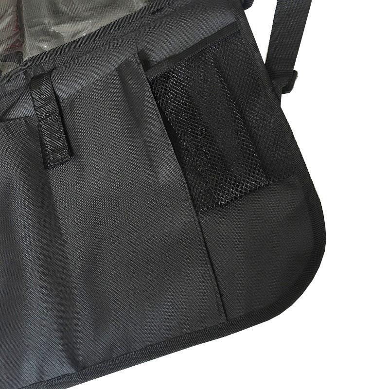 Two Backseat Car Organizers - 2PK, equipped with tablet holders and filled with items like bottles, snacks, and electronics, installed in a vehicle.