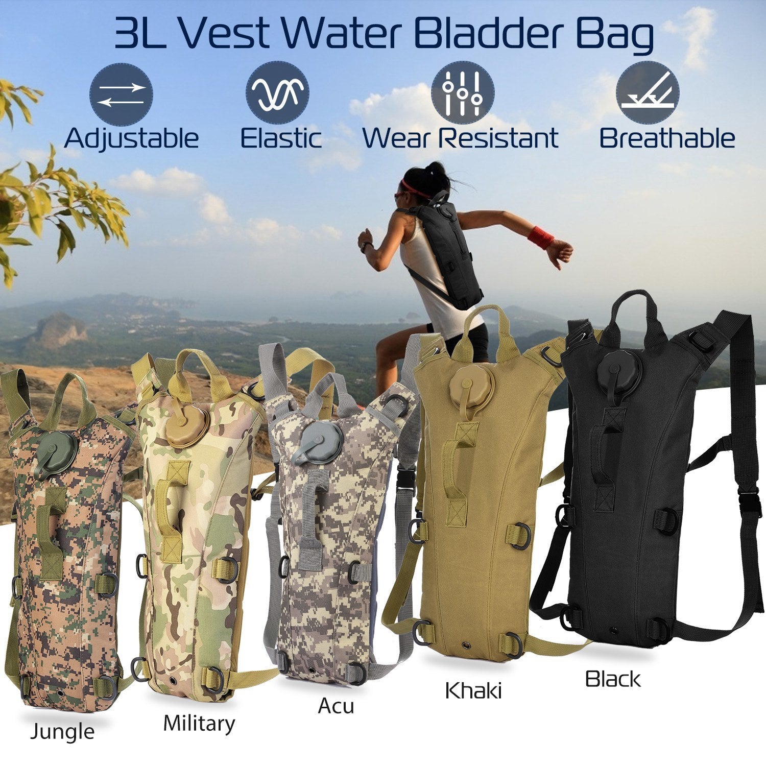 Tactical Hydration Pack suitable for running, cycling, and climbing. Includes water bladder, camo backpack, and icons indicating BPA-free material.