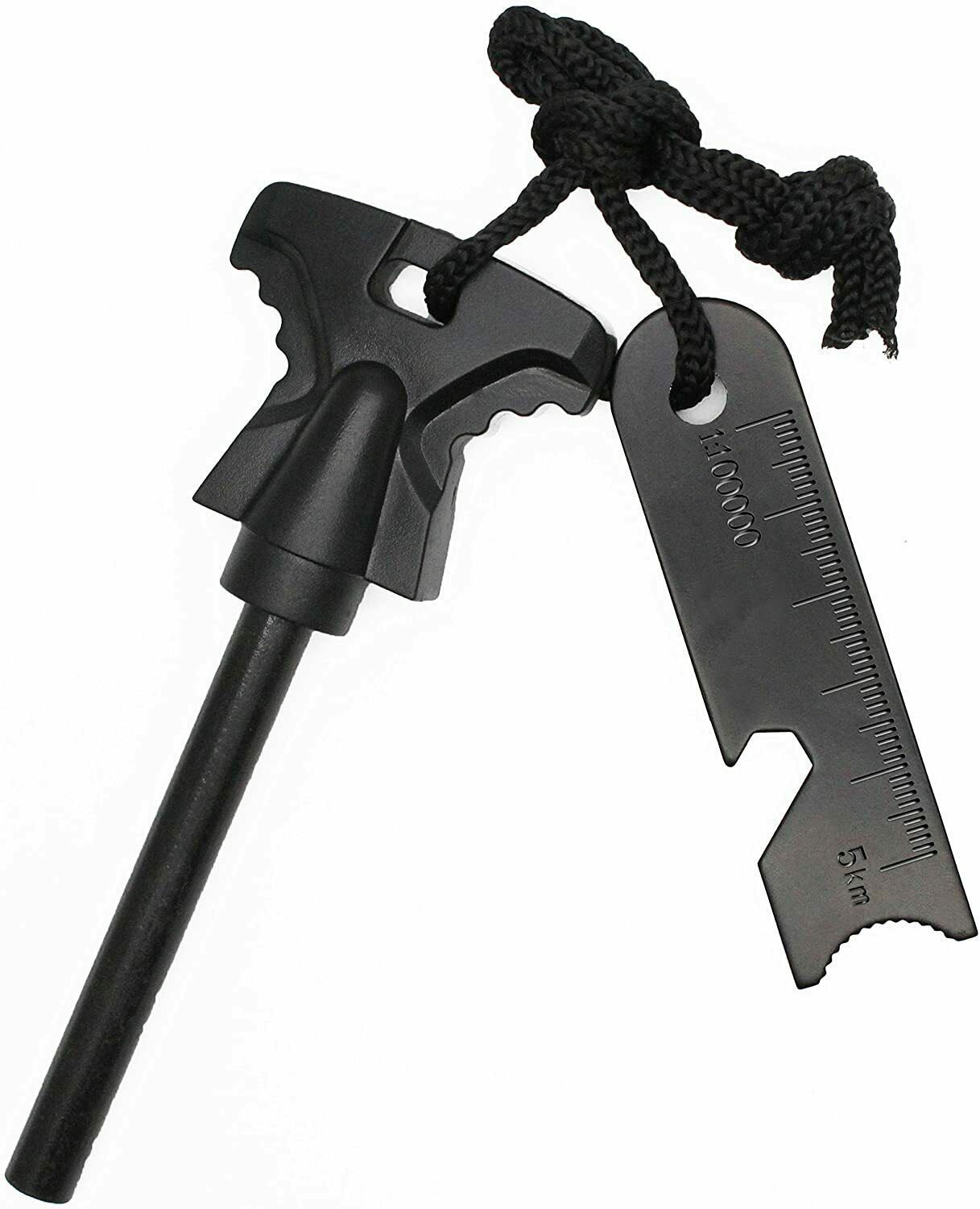 A multifunctional black emergency survival tool kit with a built-in Fire Starter Flint Steel Striker Ferro Rod Waterproof Firesteel Camping Lighter and ruler, displayed against a concrete background, with an inset image showing its fire-starting capability.