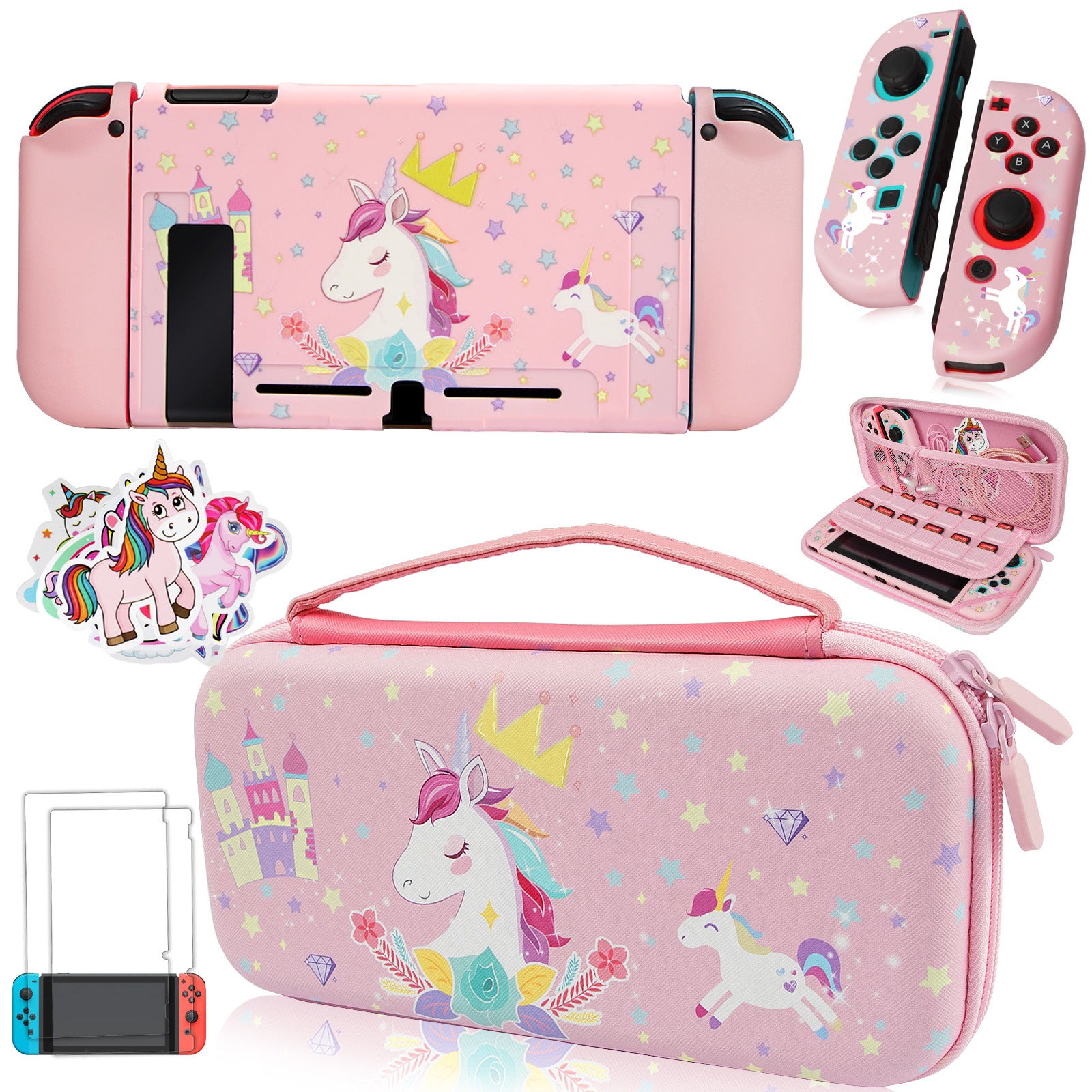 Collection of Pink Unicorn Carrying Case Compatible with Nintendo Switch (Not OLED or Lite) with Dockable Protective Grip Case +Screen Protector +Unicorn Stickers, Hard Storage Case Accessories Kit Bundle for Girls-themed gaming accessories, including a decorated console, controllers, and a unicorn carrying case with vibrant pink and pastel colors.