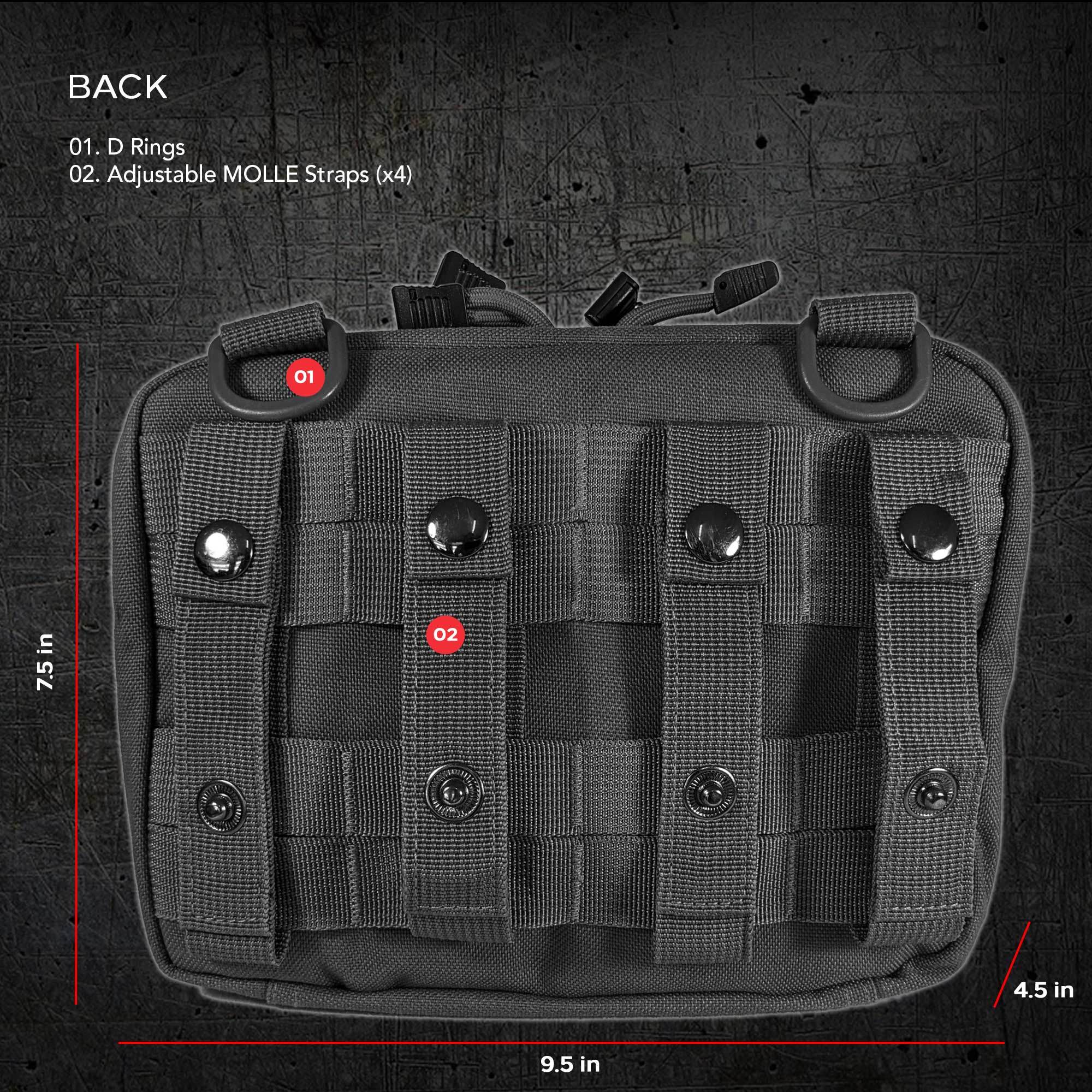 Open black tactical backpack displaying internal compartments and a detached Excursion Gear Organizer, isolated on a white background.