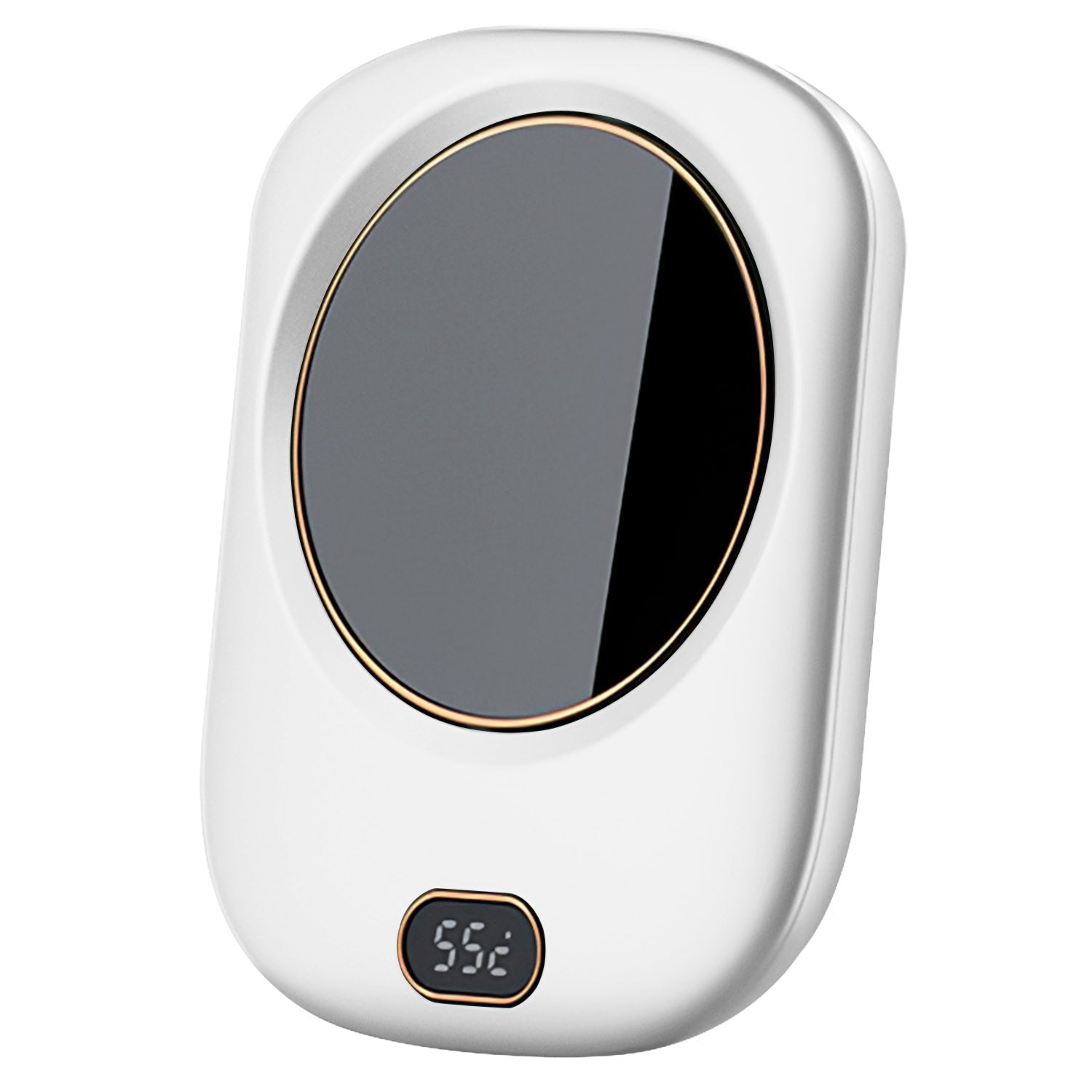 A pink Electric Coffee Mug Warmer for Desk Auto Shut off USB Tea Milk Beverage Cup 3 Temperature Setting with a digital display showing the temperature at 55 degrees Celsius and auto off feature.