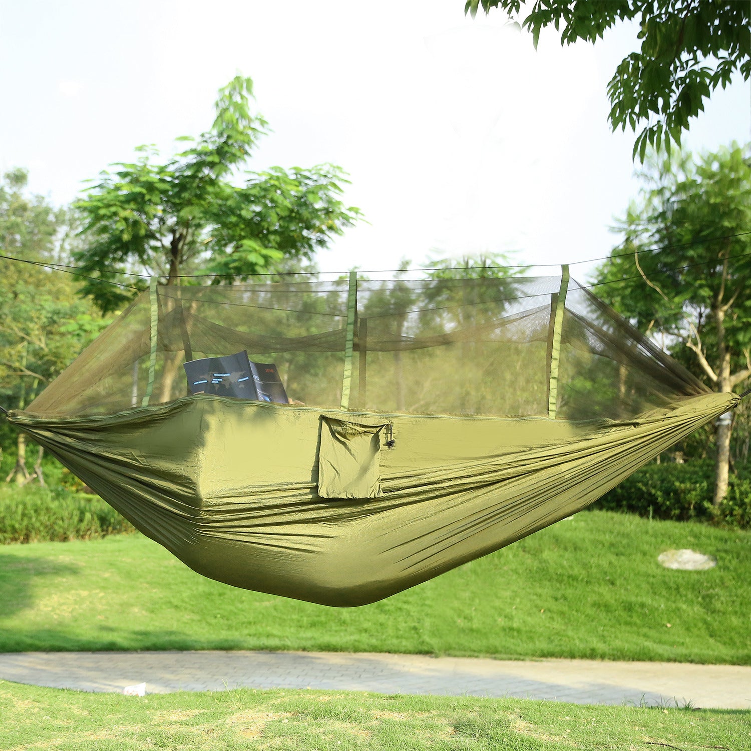 600lbs Load 2 Persons Hammock with Mosquito Net Outdoor Hiking Camping Hommock Portable Nylon Swing Hanging Bed, suspended by ropes on a white background.
