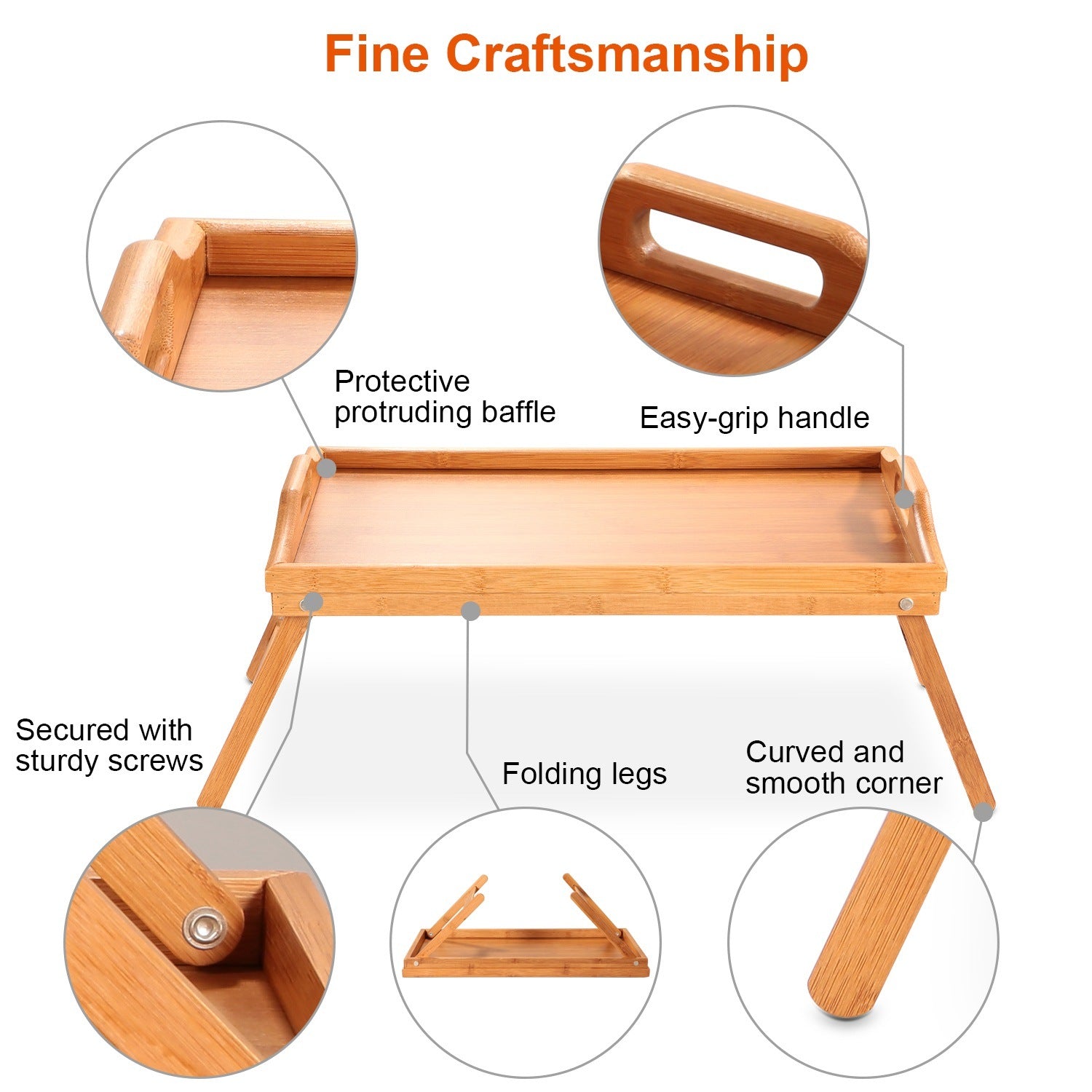 Bamboo Folding Bed Table Breakfast Tray with legs, holding a cup, fruits, a jar of nuts, and a plate with cheese and crackers, on a white background.