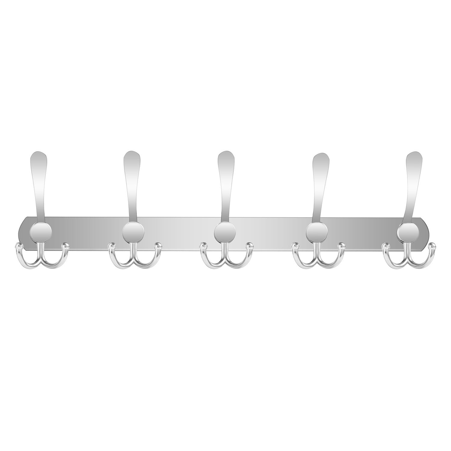 Wall Mount Coat Hook with fifteen stainless steel double hooks on a sleek, horizontal board, isolated on a white background.