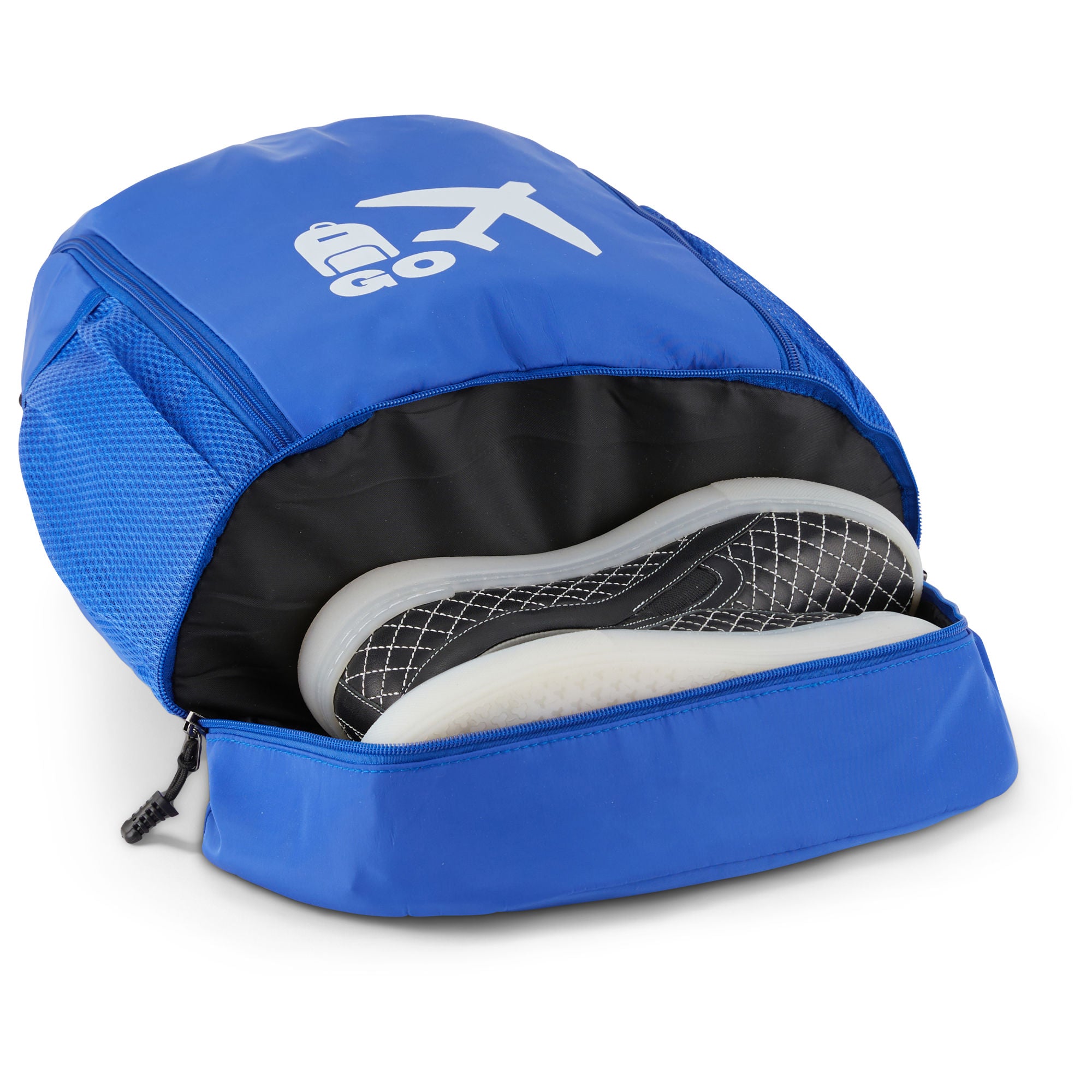 Clarissa GO Bag with a white airplane and suitcase icon, featuring an external pocket and a purple smartphone in a side holder.