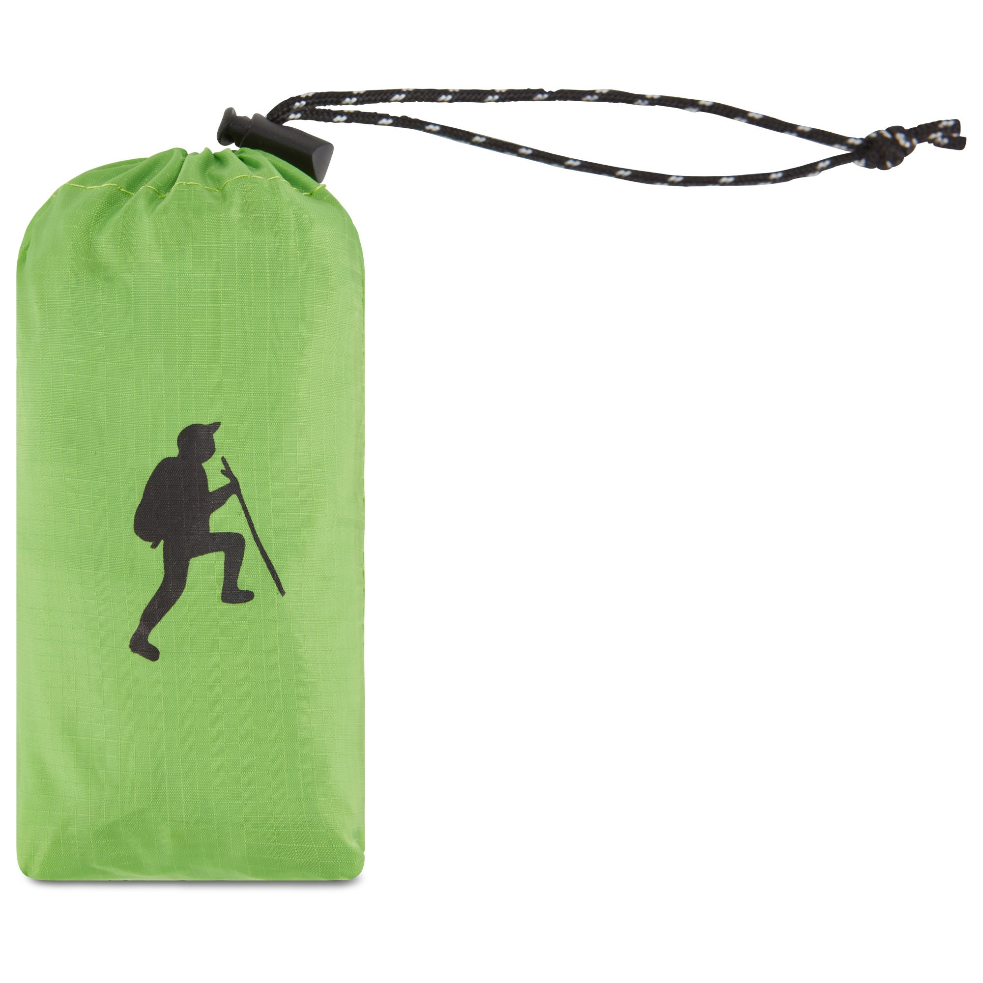 A hand holding a small, black HIKE Back- Folding Backpack with a white hiker icon printed on it, isolated against a white background.